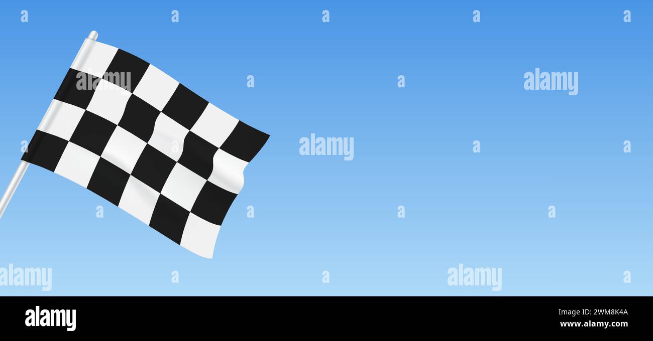 Drapeau de course à carreaux accroché sur un fond de ciel bleu avec espace de copie, symbolisant le début ou la fin d'un événement de course automobile, illustration vectorielle. Illustration de Vecteur