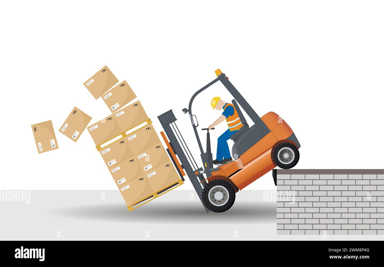 Dangers liés au travail avec un chariot élévateur. Zone de chargement. La charge s'est cassée lorsque le chariot élévateur est tombé de la rampe. Illustration de Vecteur