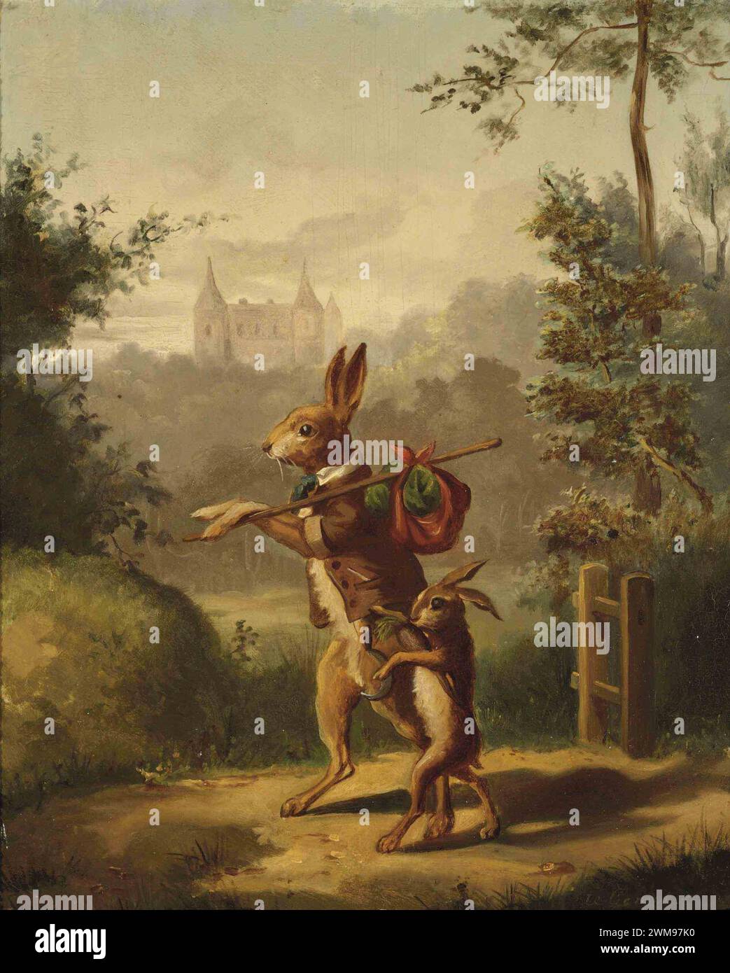 Bernard te Gempt - deux lièvres avec un sac à dos, un château au-delà. Banque D'Images