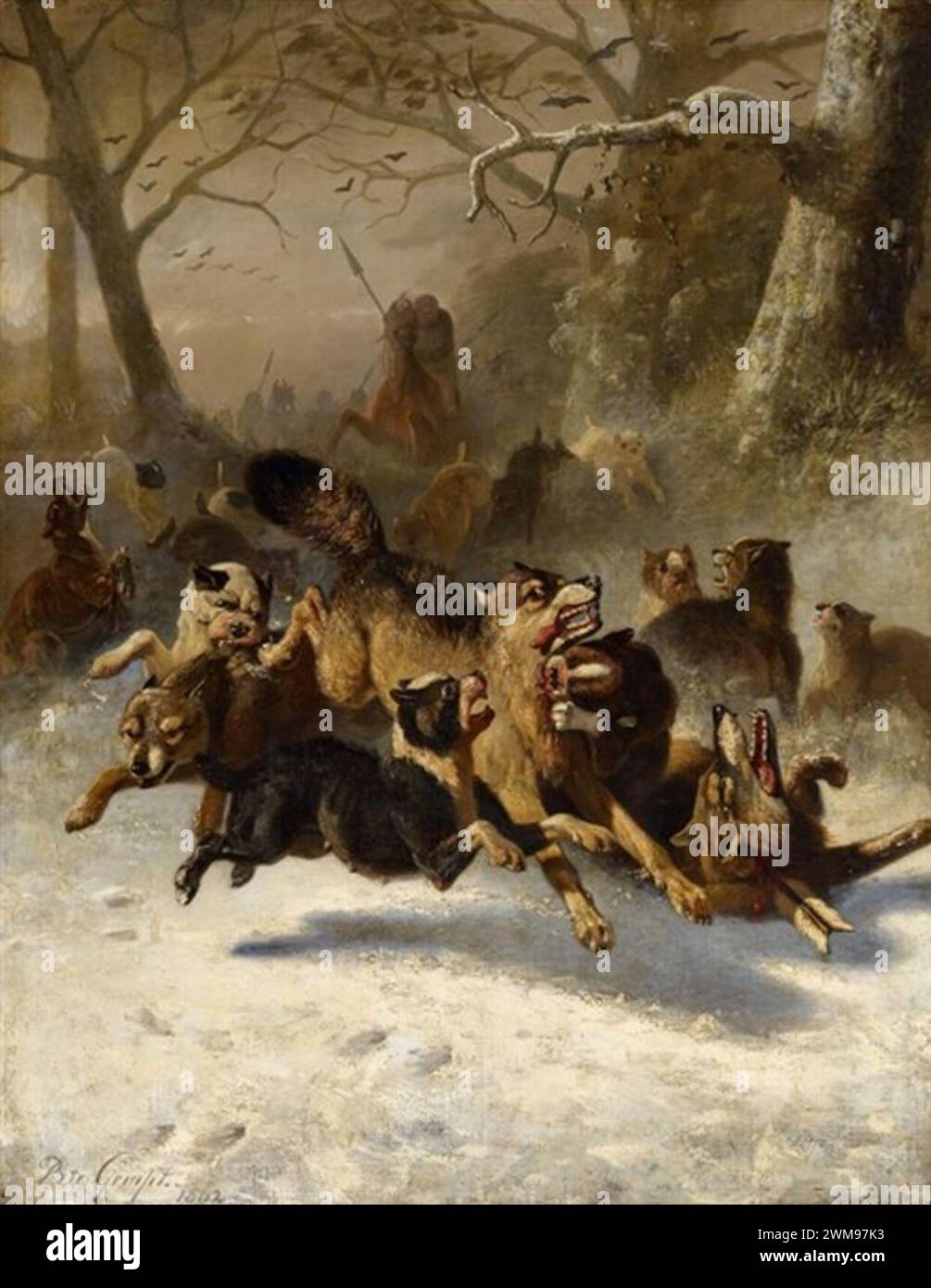 Bernard te Gempt - Grande chasse au loup en hiver 1862. Banque D'Images