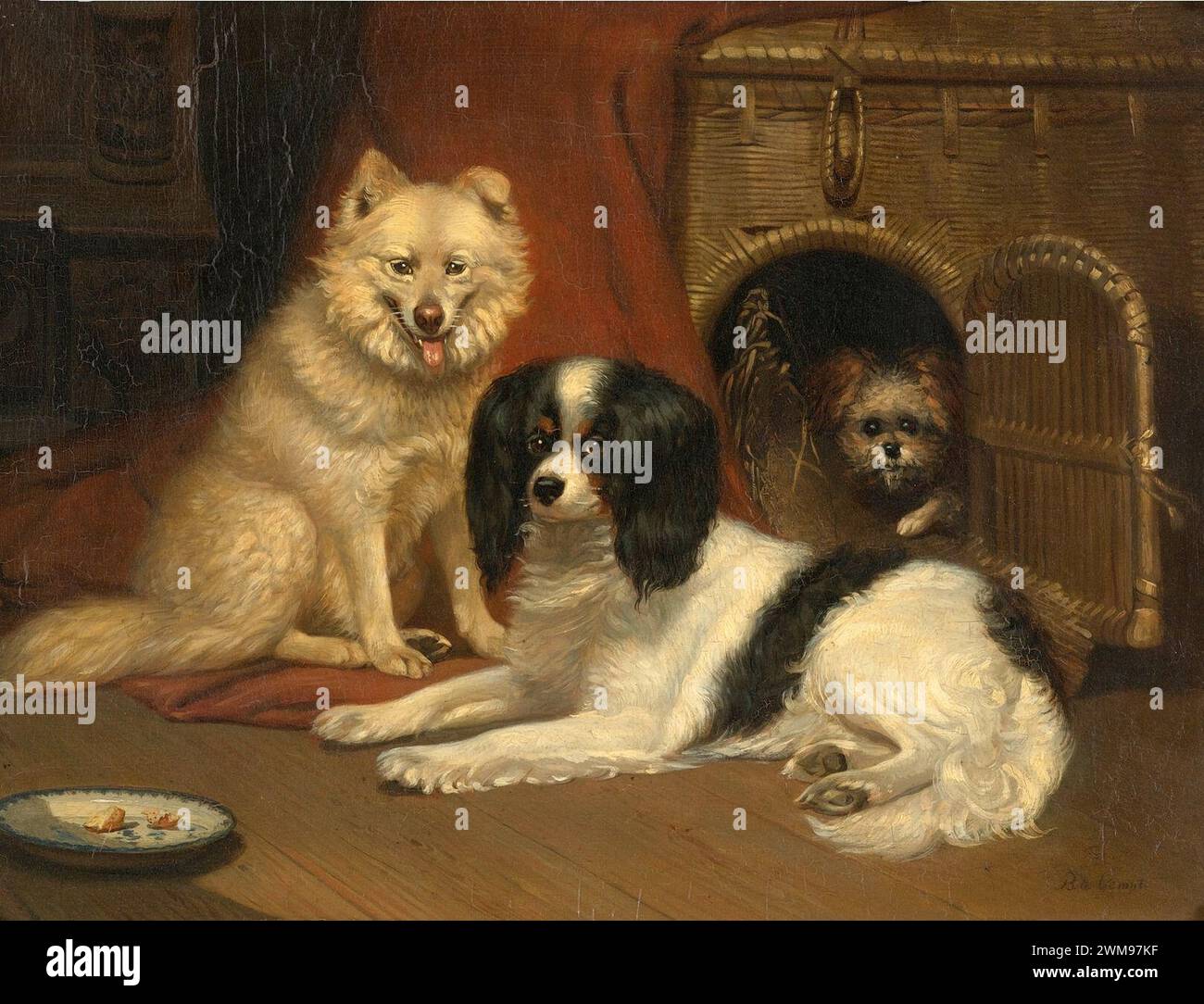 Bernard te Gempt - Un berger, un épagneul King Charles et un terrier. Banque D'Images