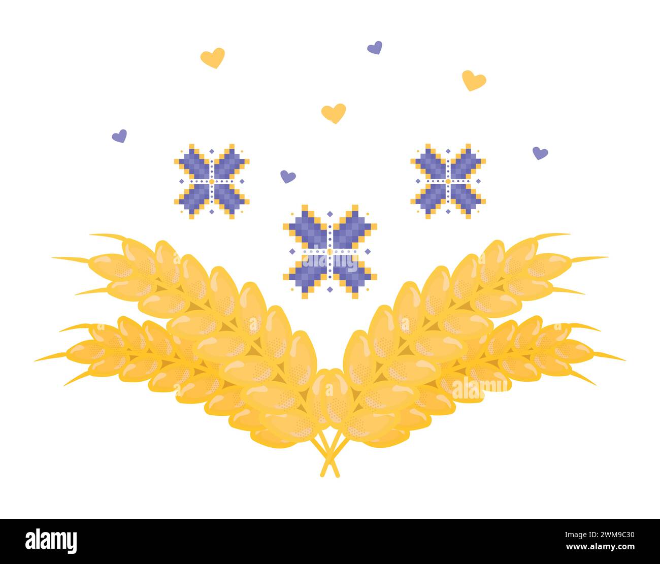 Oreilles de blé, fleurs de broderie et coeurs, impression ukrainienne vectorielle dans les couleurs jaune et bleue Illustration de Vecteur