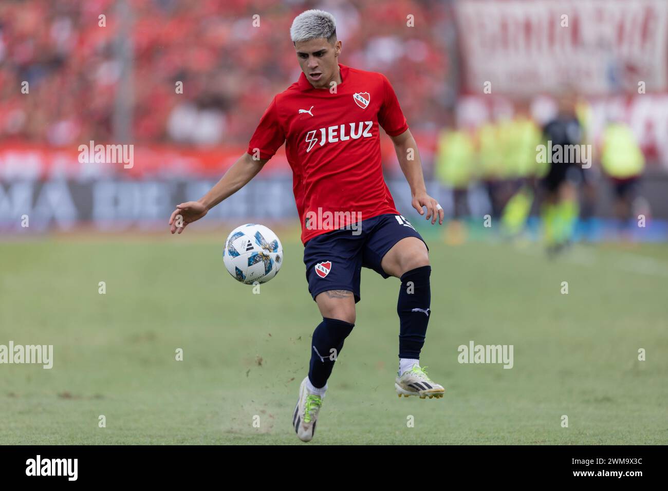 Avellaneda, Argentine. 24 février 2024. Alex Luna de Independiente contrôle le ballon lors du match de Liga Profesional de Fútbol entre le Club Atlético Independiente et le Racing Club au Libertadores de América - Ricardo Enrique Bochini Stadium. Crédit : Mateo Occhi (Sporteo) / Alamy Live News Banque D'Images