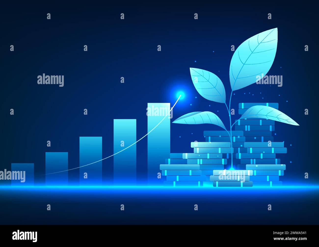 La technologie financière en face du graphique est un arbre au-dessus d'une pile de pièces de monnaie. Il montre la croissance des bénéfices de l'entreprise, comme un arbre qui progressivement g Illustration de Vecteur