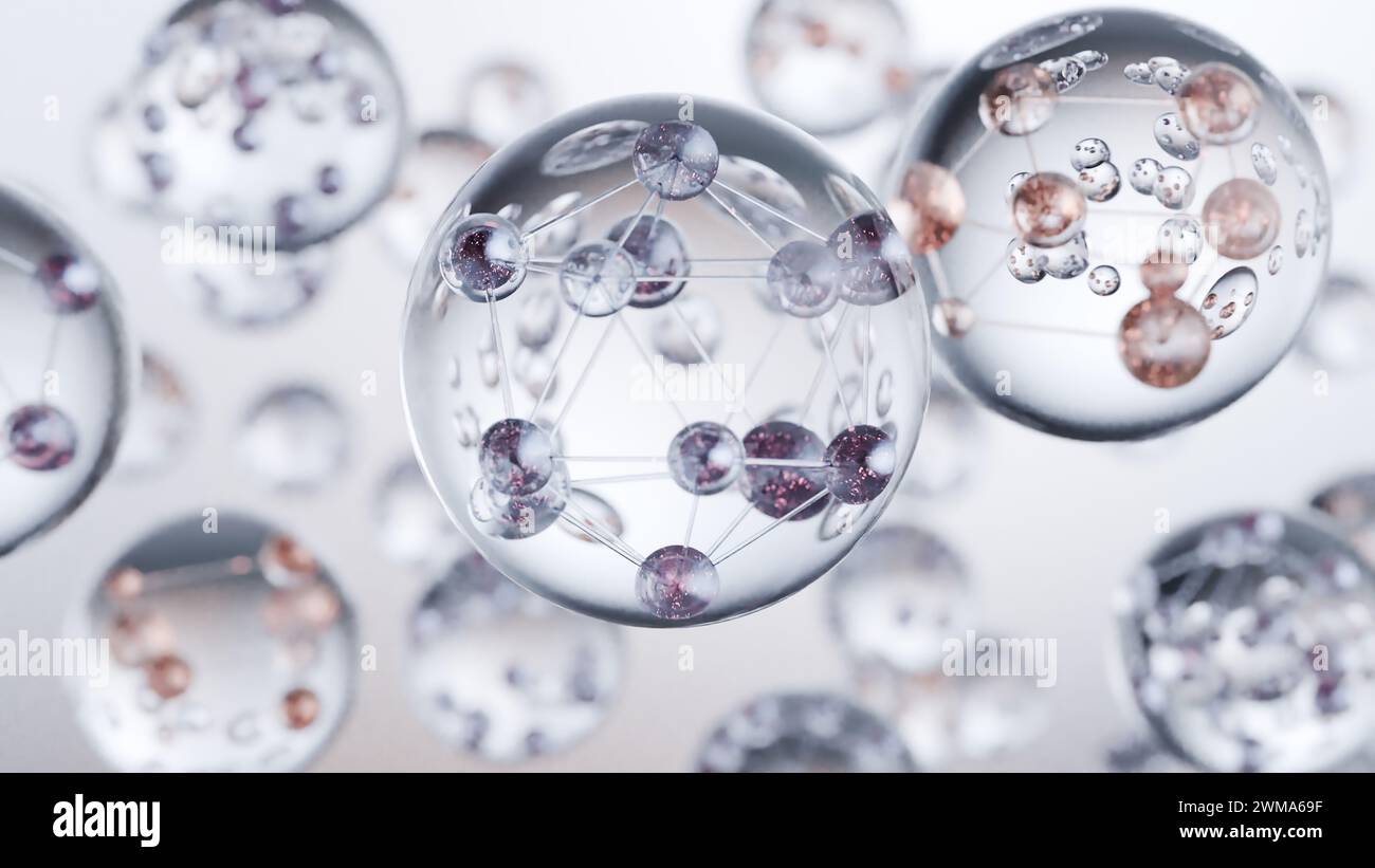 Bulles d'huile essentielle pour cosmétiques dans l'eau. bulles de liquide bleues, écoulement de liquide. Collagène, atomes flottants, crème hydratante, sérum cutané, vitamine, beau Banque D'Images