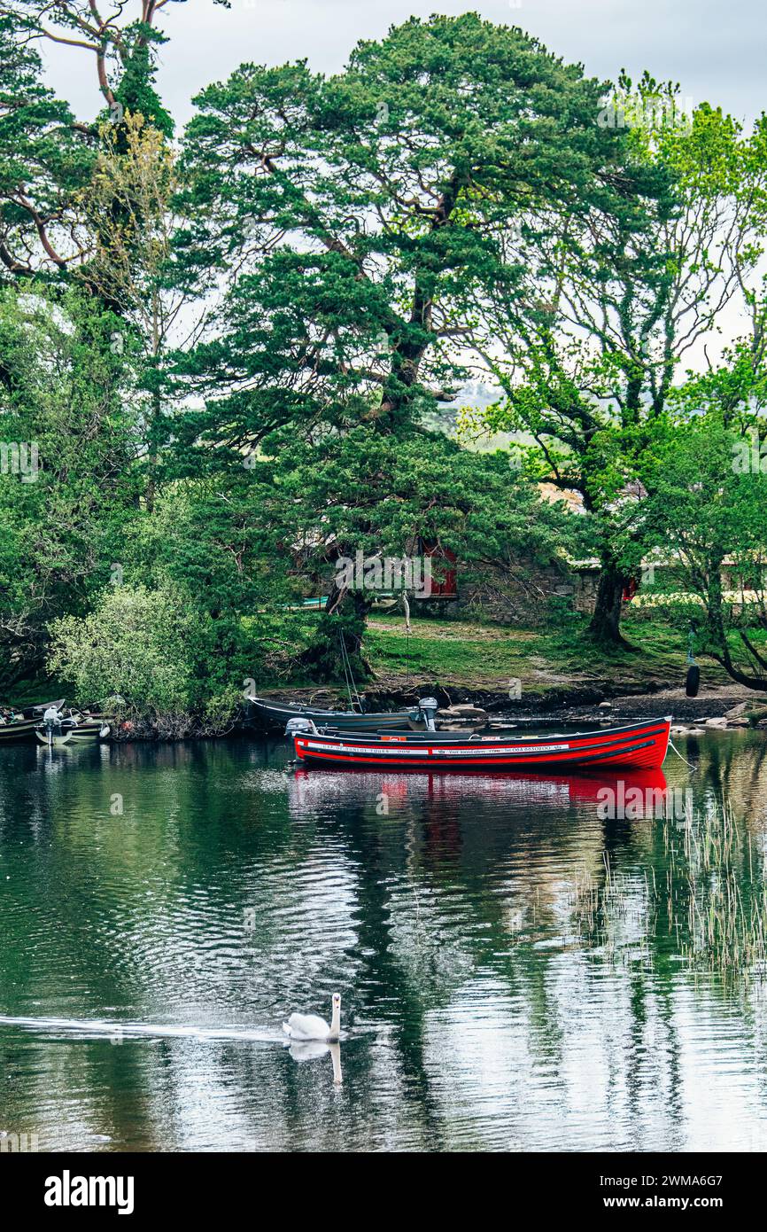 Bateaux amarrés sur la rivière dans le parc national de Killarney, Irlande. Photo de haute qualité Banque D'Images