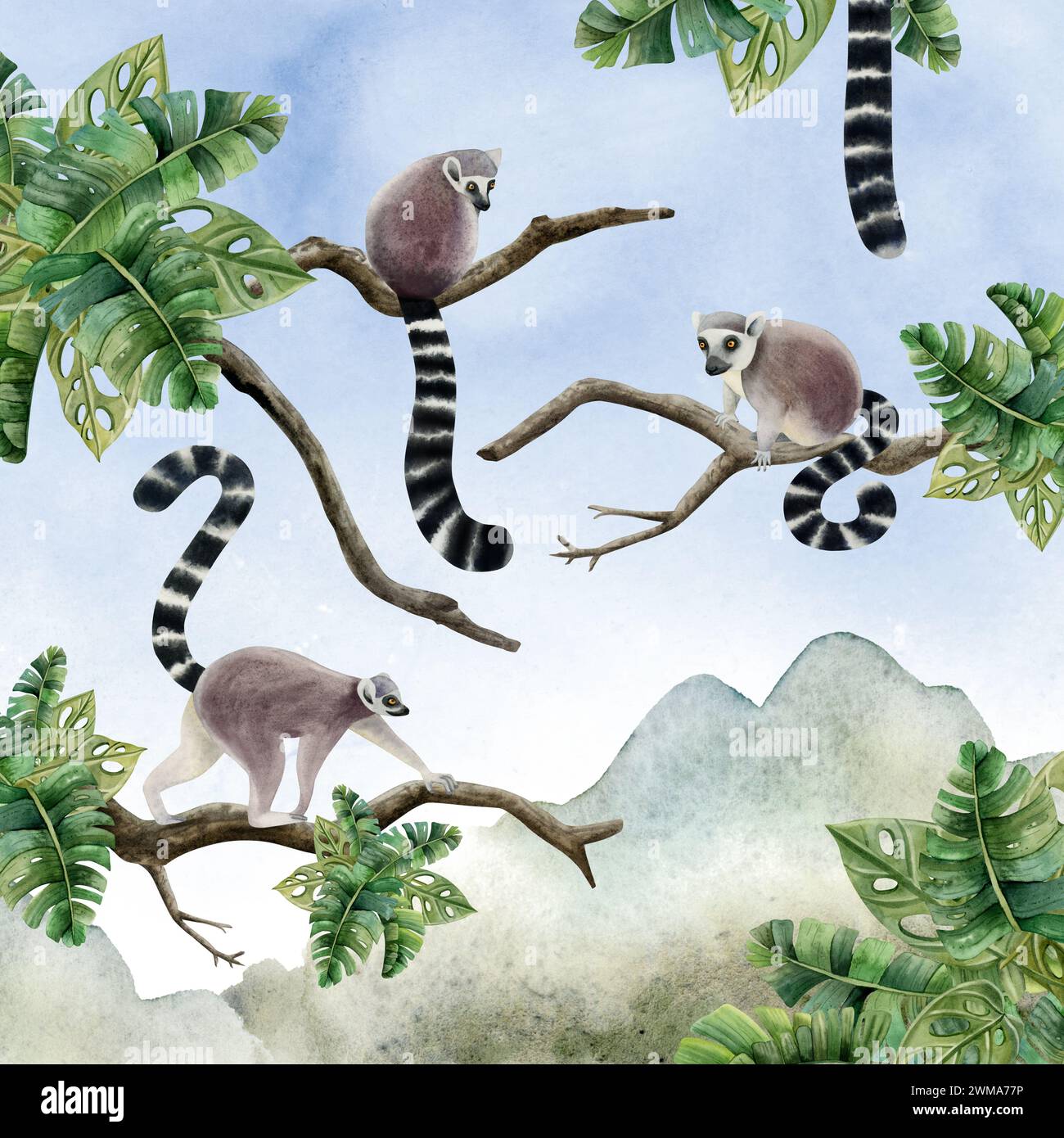 Lémuriens sur des branches avec des feuilles tropicales dans l'illustration aquarelle de scène de jungle. Singes avec ciel, arbres et montagnes Banque D'Images