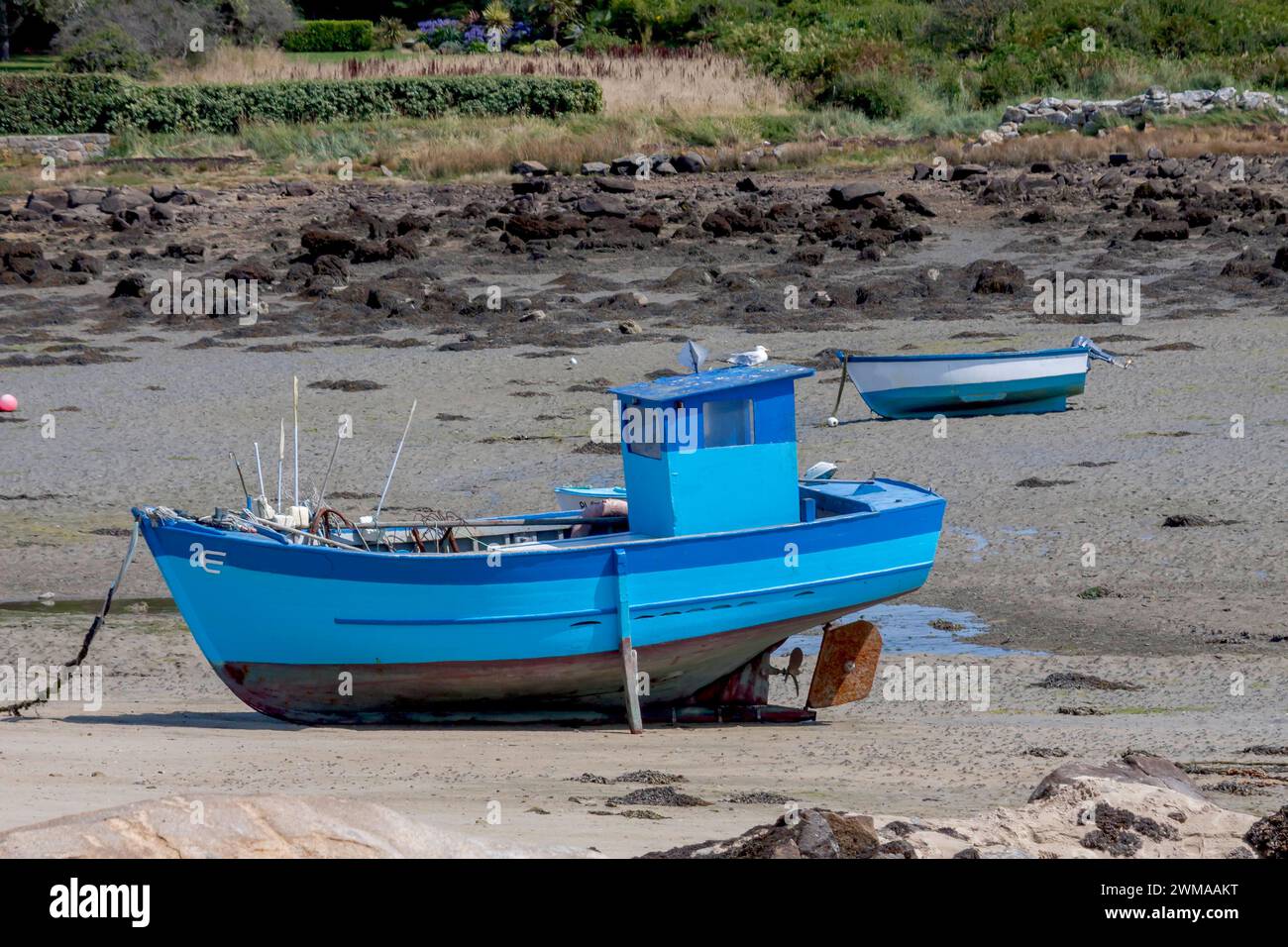 Bateaux de pêche sur la plage à marée basse, Bretagne, France Banque D'Images