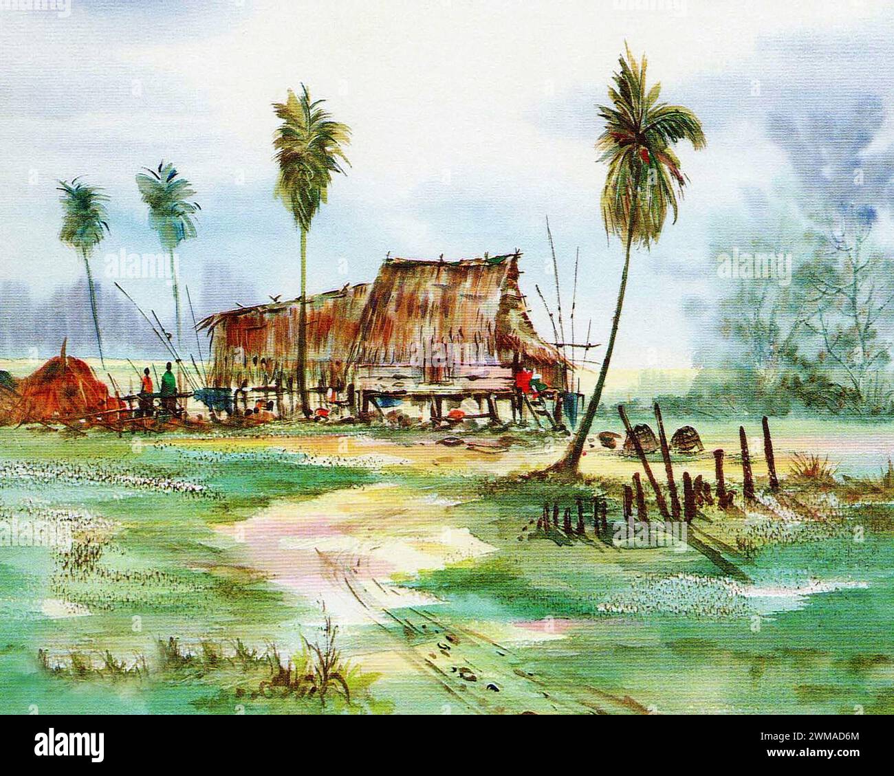 peint à la main original impressionnisme chefs-d'œuvre peintre art contemporain aquarelle peinture rurale thaïlande paysage campagne Banque D'Images