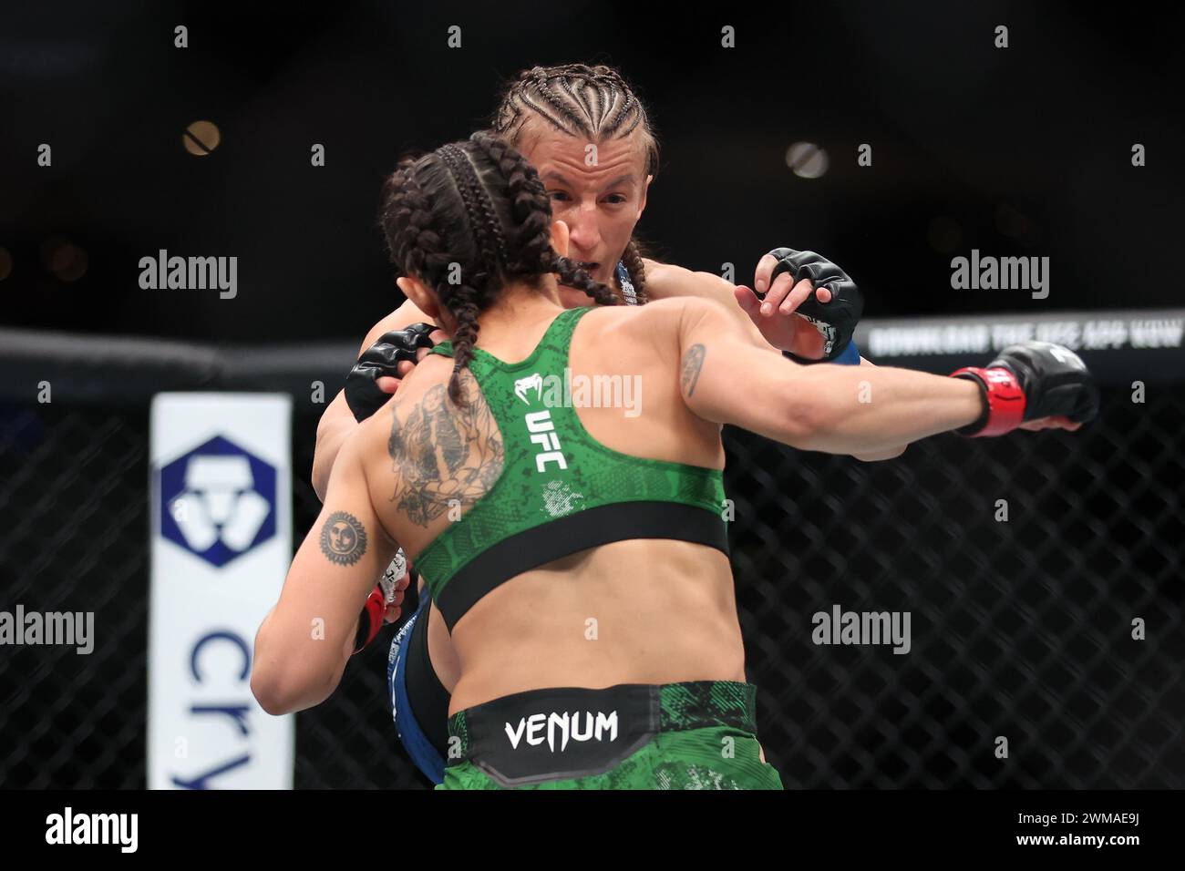 Mexico, Mexique. 24 février 2024. MEXICO CITY, MEX - 24 février : Yazmin Jauregui et Sam Hughes combattent dans le combat des poids-paille féminins à 3 tours à l'Arena CDMX pour UFC Fight Night - Mexico City le 24 février 2024 à Mexico City, Distrito Federal, Mexique. (Photo par Alejandro Salazar/AG Fight) crédit : Sipa USA/Alamy Live News Banque D'Images