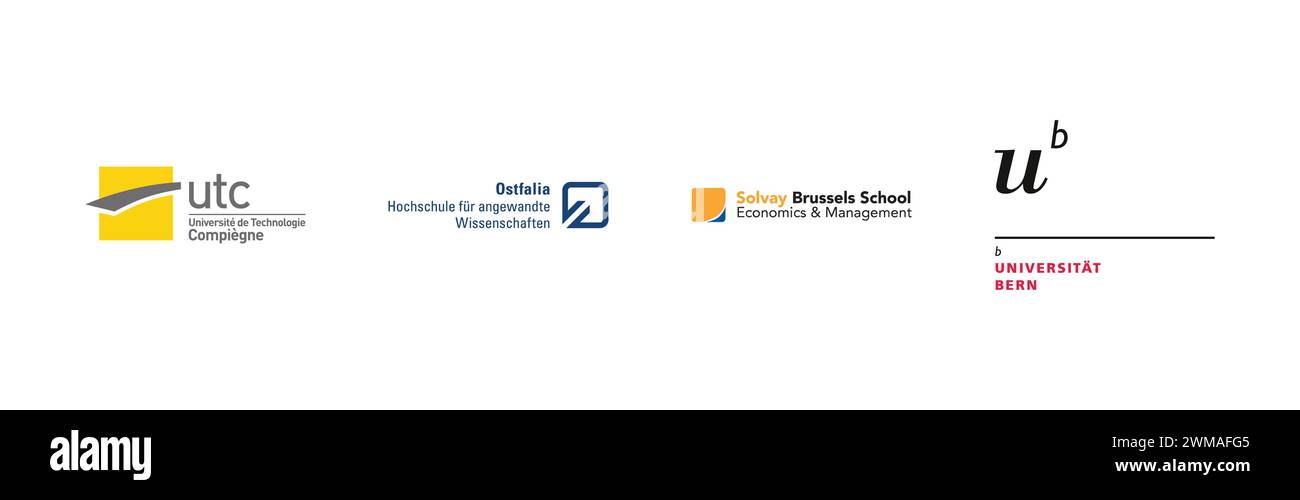 Solvay Brussels School, Technische Universitat Compiègne, Ostfalia, Universitat Bern, collection populaire de logos de marque. Illustration de Vecteur