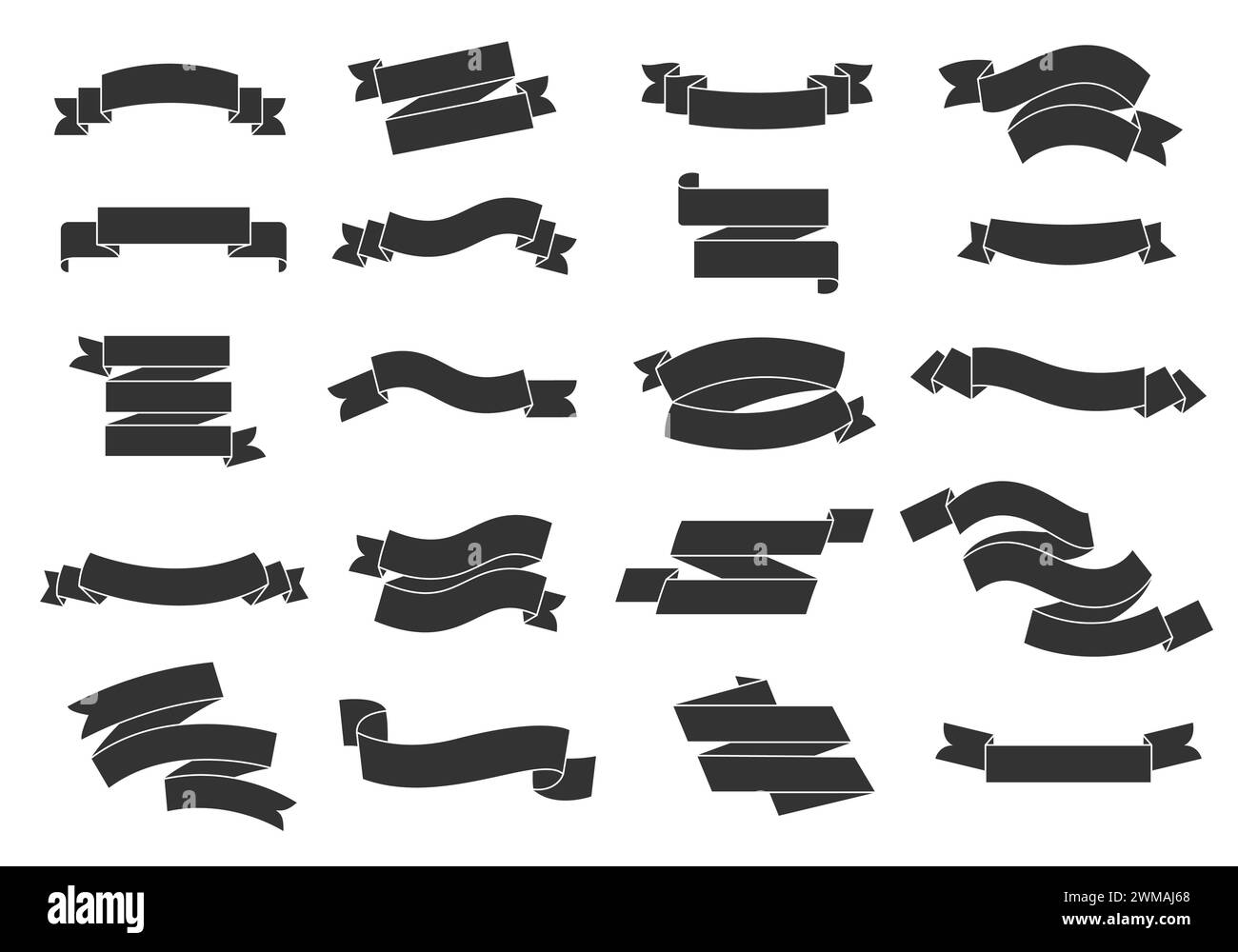 Bannières en ruban noir. Autocollants de ruban vide courbés pour la célébration, bordures ornementales élégantes pour le texte et le logo. Ensemble rétro vectoriel Illustration de Vecteur
