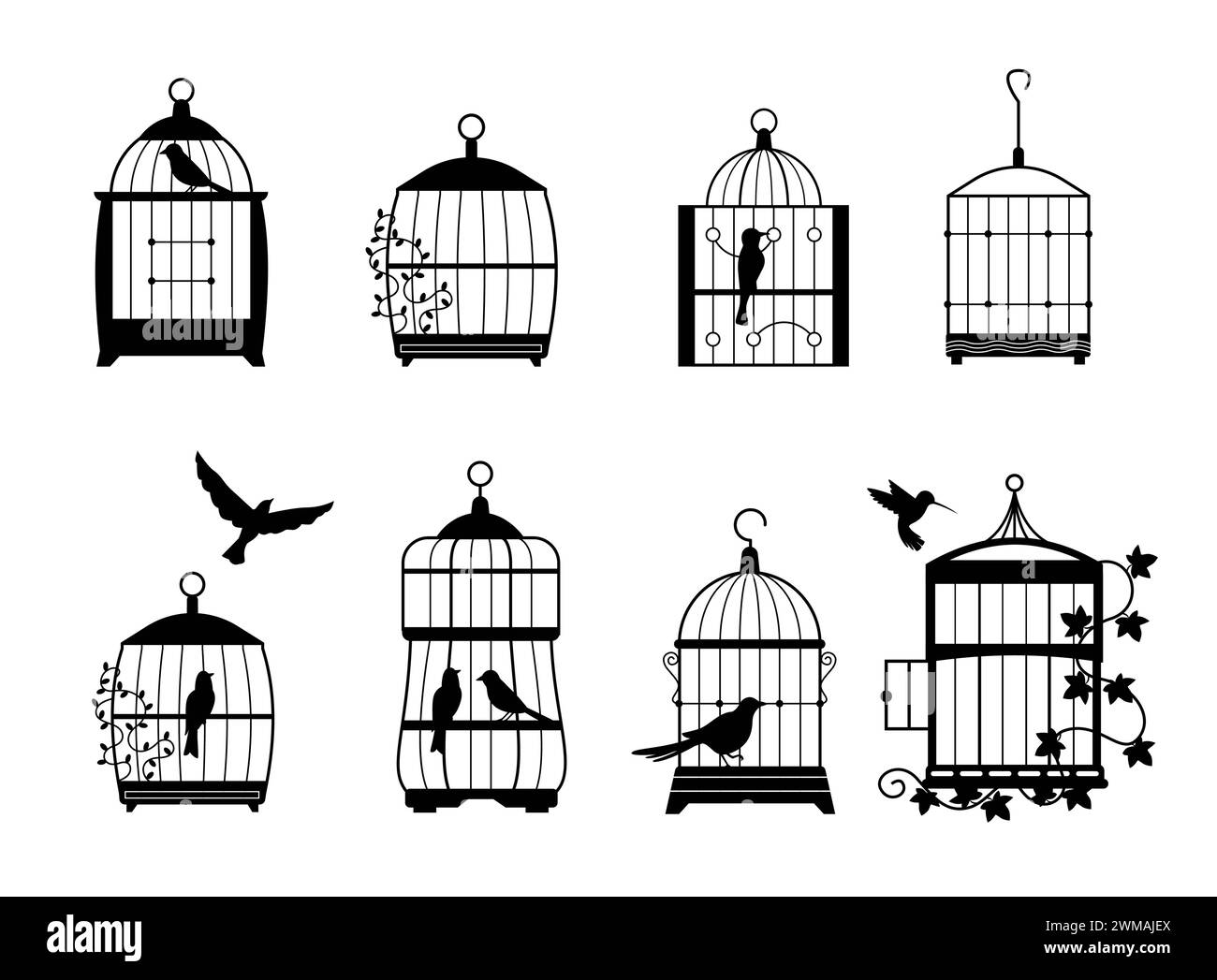 Autocollants muraux noirs avec des oiseaux volants dans la collection de cages Illustration de Vecteur