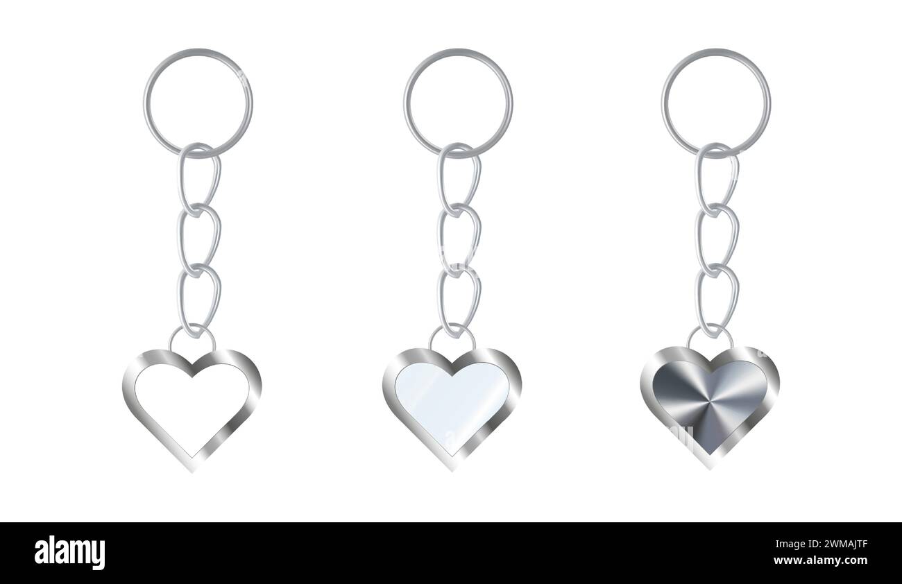 Un ensemble de porte-clés en argent ou en acier en forme de coeur. Porte-clés métalliques isolés sur blanc. Vecteur réaliste. Illustration de Vecteur