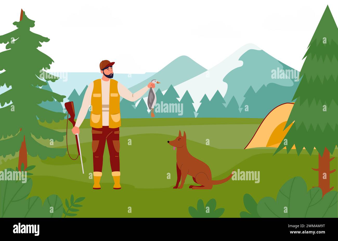 Illustration de chasse, homme chasseur avec chien en bois Illustration de Vecteur