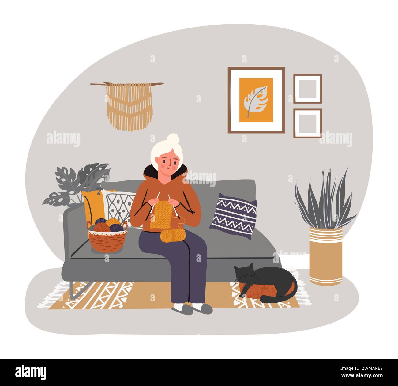 Les personnes âgées à la maison hobby tricotent le temps, tous les jours à la maison Illustration de Vecteur