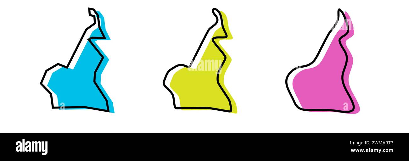 Contour noir pays Cameroun et silhouettes pays colorées dans trois niveaux différents de douceur. Cartes simplifiées. Icônes vectorielles isolées sur fond blanc. Illustration de Vecteur