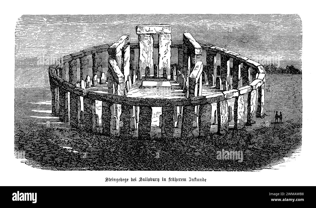 Stonehenge est un monument préhistorique emblématique situé sur la plaine de Salisbury dans le Wiltshire, en Angleterre. Il comprend un anneau de pierres debout, chacune d'environ 13 pieds de haut, sept pieds de large, et pesant environ 25 tonnes. Les pierres sont serties dans des terrassements dans un cadre circulaire et on pense qu'elles ont été construites de 3000 av. J.-C. à 2000 av. J.-C.. Stonehenge est entouré de nombreux monticules funéraires et fait partie d'un paysage préhistorique plus vaste Banque D'Images