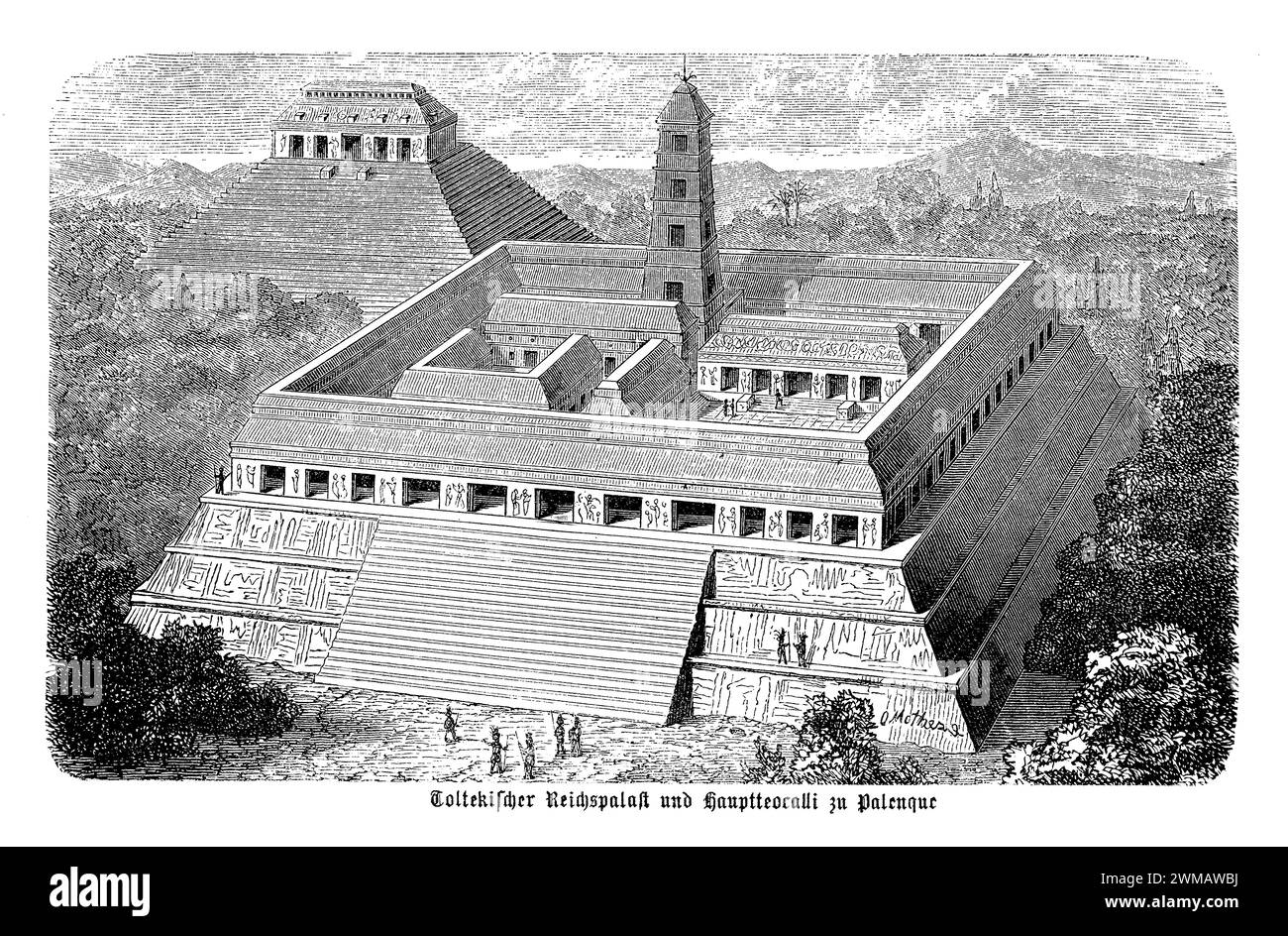Palenque, située dans le Chiapas, au Mexique, est l'une des villes mayas les plus captivantes, connue pour son architecture sophistiquée, ses sculptures et ses sculptures en bas-relief. Parmi ses structures les plus remarquables se trouve le Palais, célèbre pour sa tour d'observation unique. Cette structure est un complexe de bâtiments, de couloirs, de cours et de passages souterrains qui ont servi de plaque tournante administrative et résidentielle pour l'élite de Palenque. La tour d'observation, qui est une caractéristique inhabituelle de l'architecture maya, suggère une compréhension avancée de l'astronomie et peut avoir été utilisée pour des observations célestes, Banque D'Images