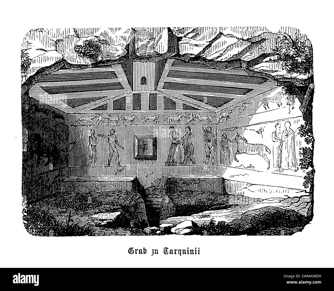 Les tombes étrusques peintes de Tarquinia, situées dans le Latium, en Italie, sont une extraordinaire collection de chambres funéraires souterraines datant du VIIe au IIe siècle av. J.-C.. Ces tombes, qui font partie d'une grande nécropole, sont réputées pour leurs peintures murales vibrantes qui offrent un aperçu unique de la société étrusque, des croyances et de la vie quotidienne. L'œuvre représente une gamme de scènes allant des banquets et événements sportifs aux récits mythologiques et aux rituels funéraires, mettant en valeur les compétences artistiques avancées des Étrusques et leurs vues sur l'au-delà Banque D'Images