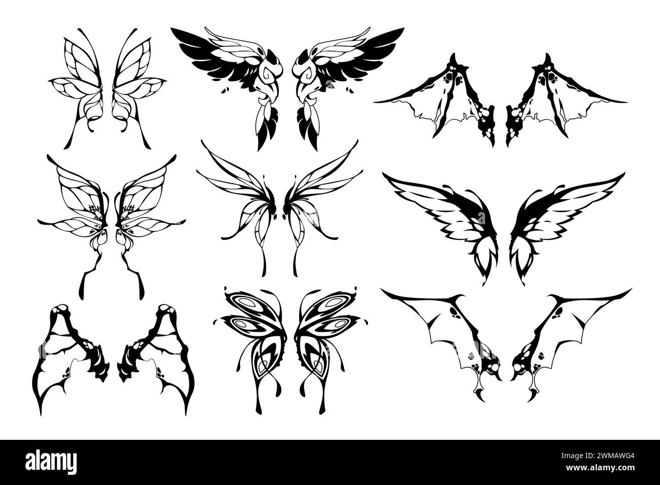 Tatouage d'ailes de fée. Silhouettes mignonnes de papillon et d'aile de papillon, parties du corps de créature ailée magique fantastique pour la conception de tatouage. Ensemble isolé de vecteur Illustration de Vecteur