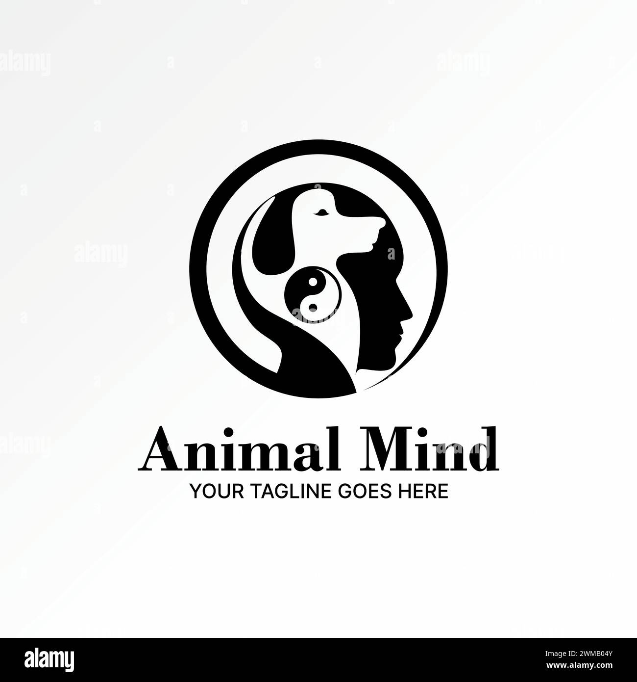 Conception de logo concept graphique créatif premium vecteur stock abstrait signe côté visage humain remplissage tête chien yin yang. Lié aux soins des animaux de compagnie Mind Brain Illustration de Vecteur