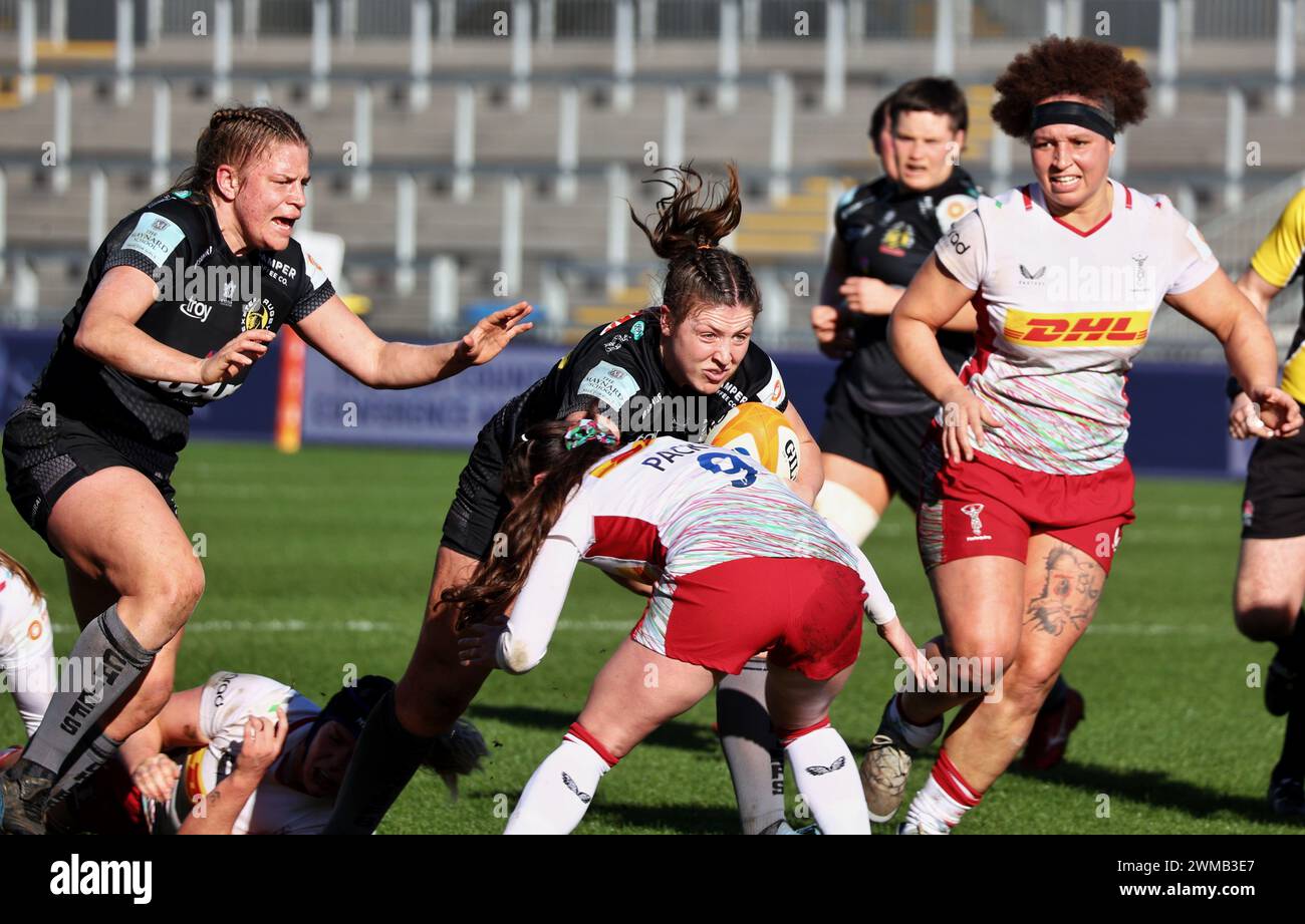 Exeter, Devon, Royaume-Uni. 24 février 2024. Allianz Premiership Women's Rugby : Exeter Chiefs v Harlequins Women at Sandy Park, Exeter, Devon, Royaume-Uni. Photo : DaLeaka Menin marque Chiefs au premier essai. Crédit : Nidpor/Alamy Live News Banque D'Images