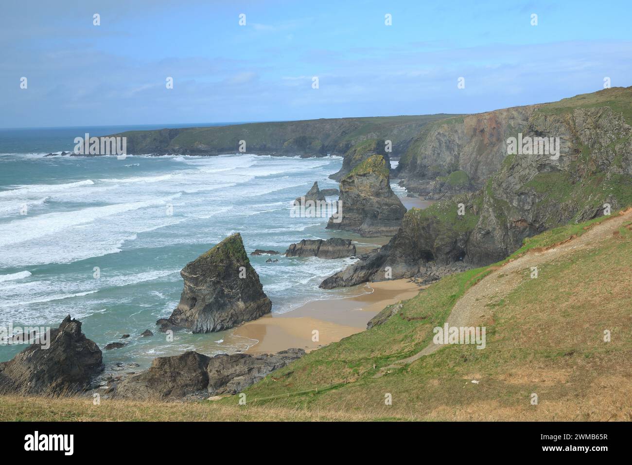 Vue de Bedruthan Steps, Cornouailles, Angleterre, Royaume-Uni Banque D'Images