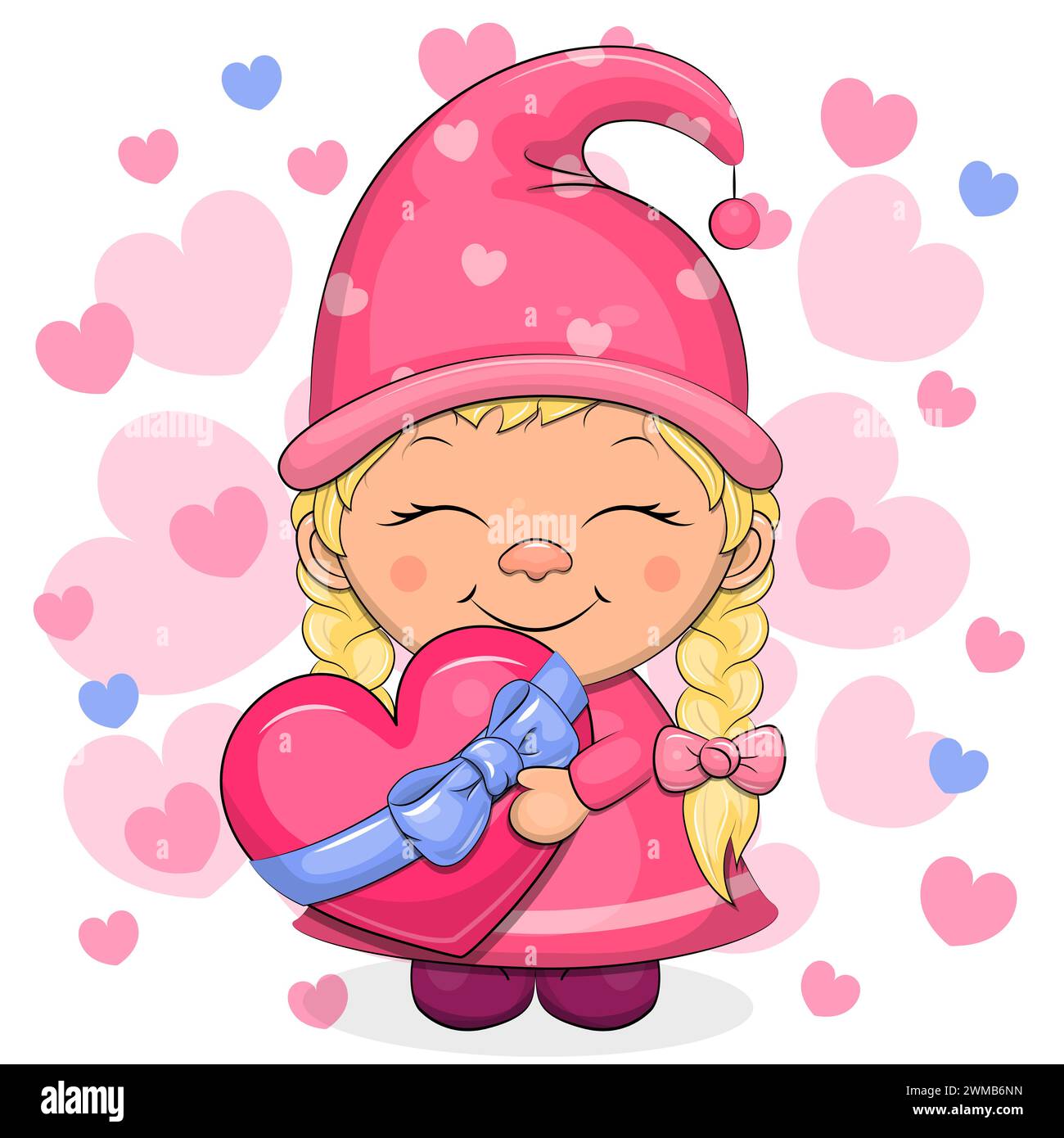Fille de gnome de dessin animé mignon tenant un coeur avec ruban bleu. Illustration vectorielle de femme naine sur un fond blanc avec de nombreux coeurs roses. Illustration de Vecteur