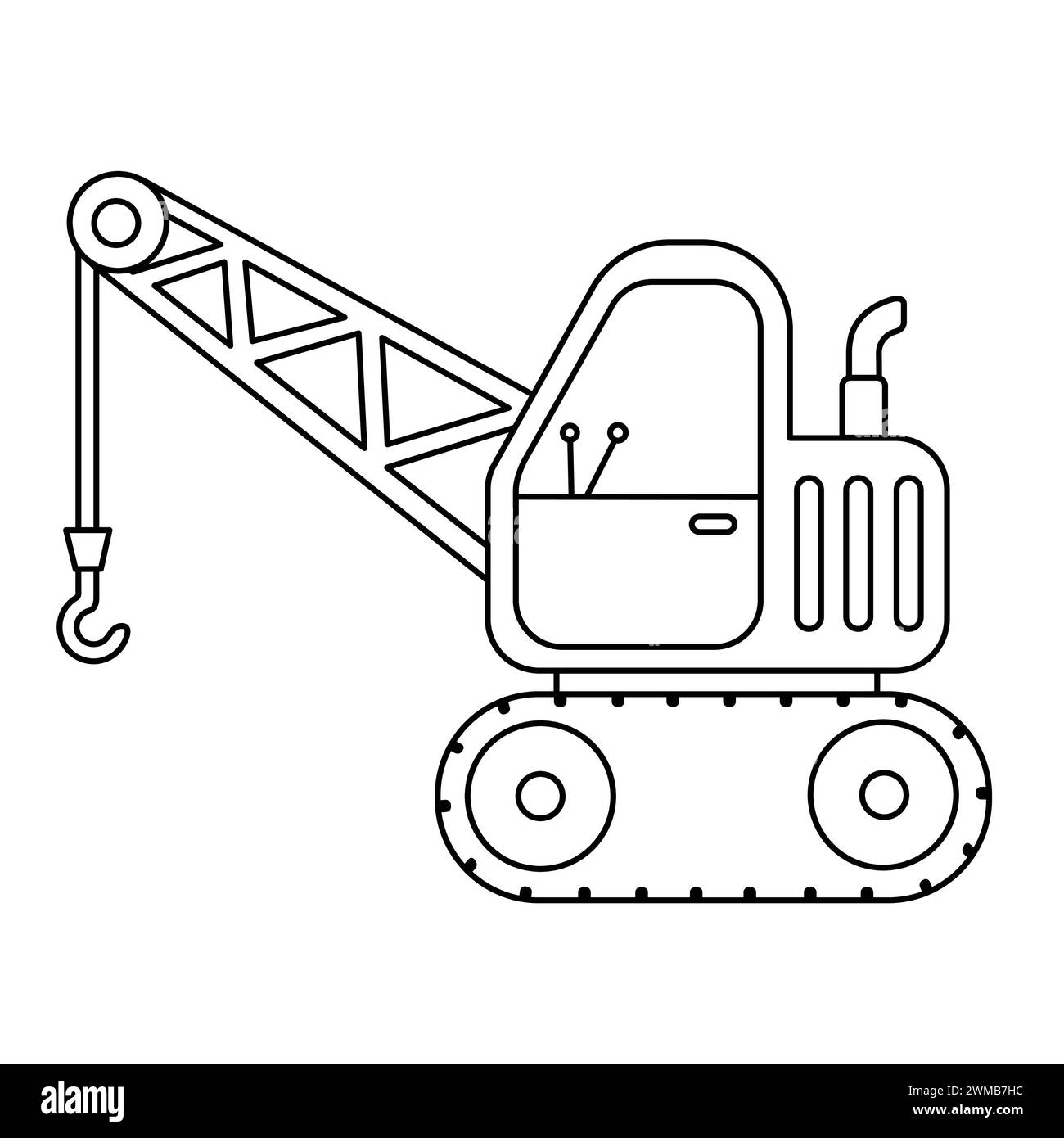 Page de coloration de la grue. Livre de coloriage de véhicule de construction pour enfants. Illustration vectorielle de camion de dessin animé. Style d'icône avec contour noir. Conception de logo Illustration de Vecteur