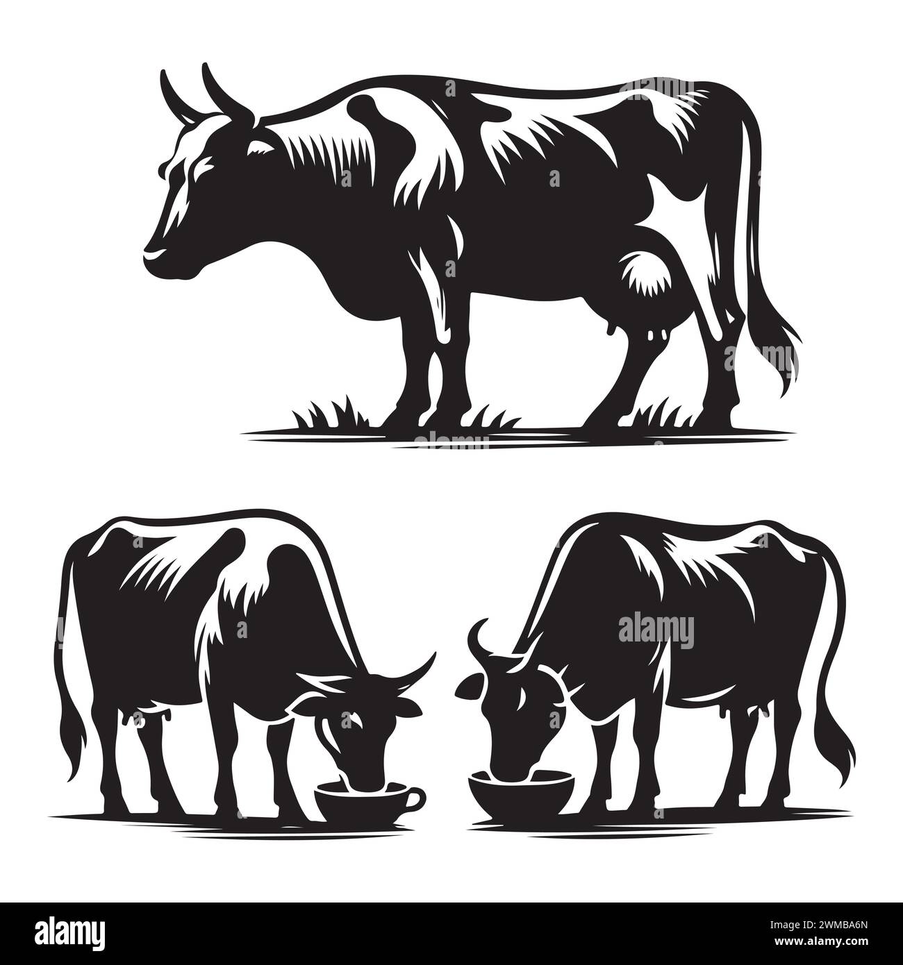 Ensemble de silhouettes de vache isolées sur un fond blanc, illustration vectorielle. Illustration de Vecteur