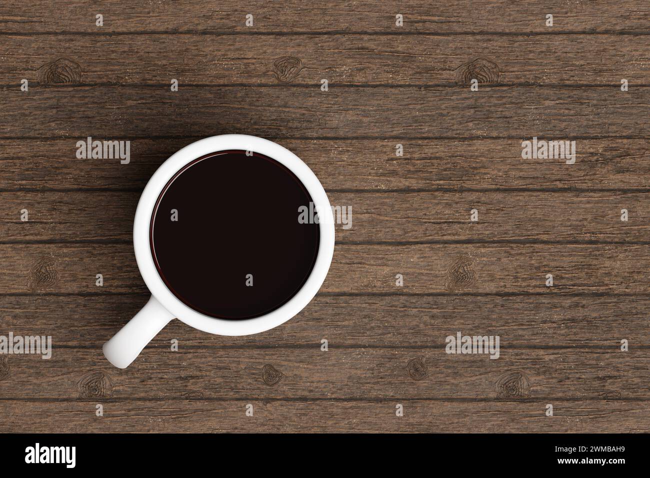 Café noir dans une tasse blanche sur une table en bois. Illustration du concept de matin, de relaxation et comme fond pour les modèles de site Web et de diapositive Banque D'Images