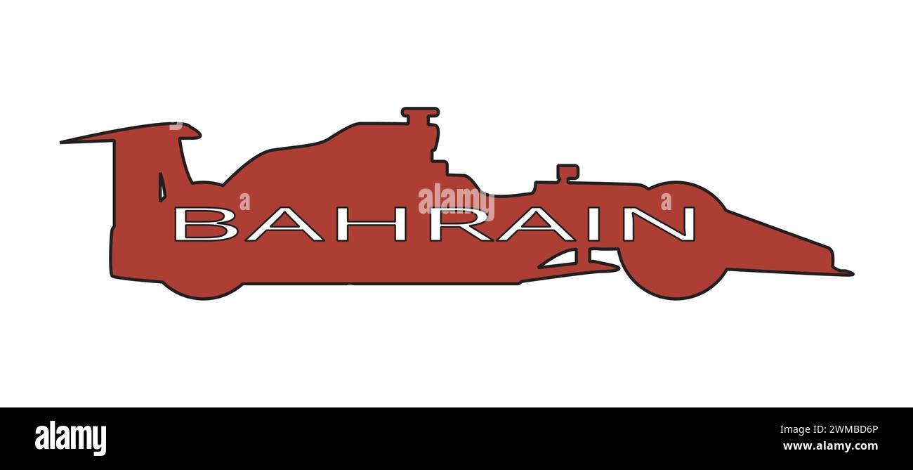 Une silhouette d'une voiture de course de formule un style Grand Prix trypique sur fond blanc avec le texte Bahreïn et aux couleurs de la Ba Illustration de Vecteur