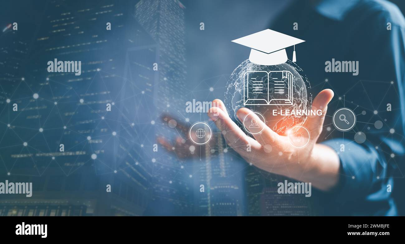 Cours de technologie, enseignement, concept de formation commerciale. e-learning, éducation en ligne, éducation, leçon vidéo, connaissances en homeschool, apprendre sur internet Banque D'Images