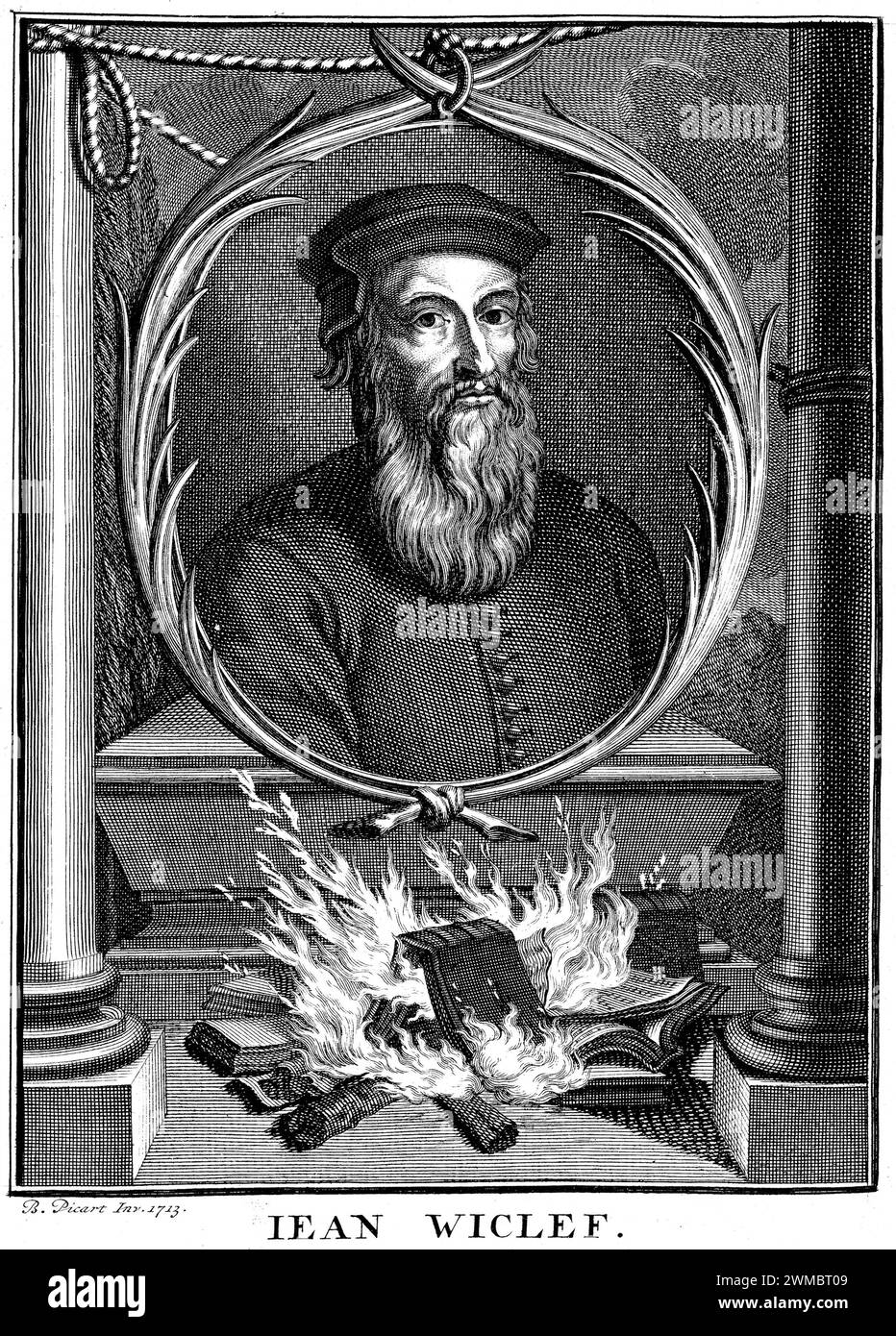John Wycliffe , Portrait de John Wycliffe par Bernard Picart, montrant l'incendie de ses œuvres (1714) John Wycliffe (1328 – 1384) philosophe anglais, théologien, prêtre catholique Banque D'Images