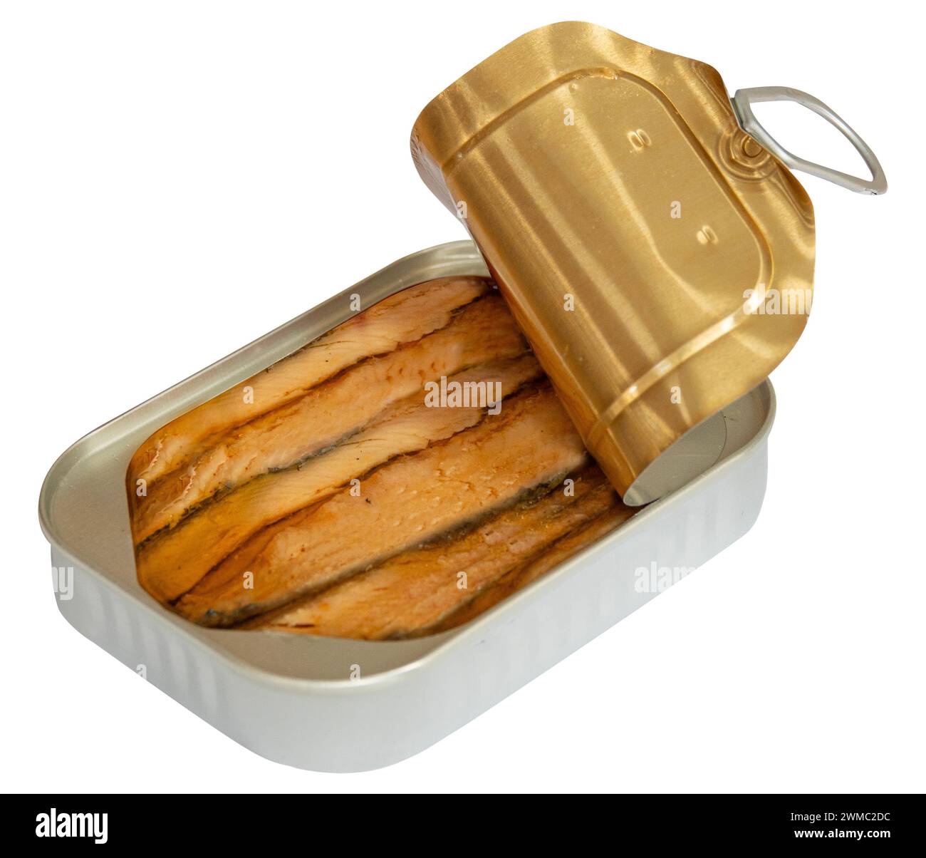 Boîte de sardines isolée sur fond blanc. Banque D'Images