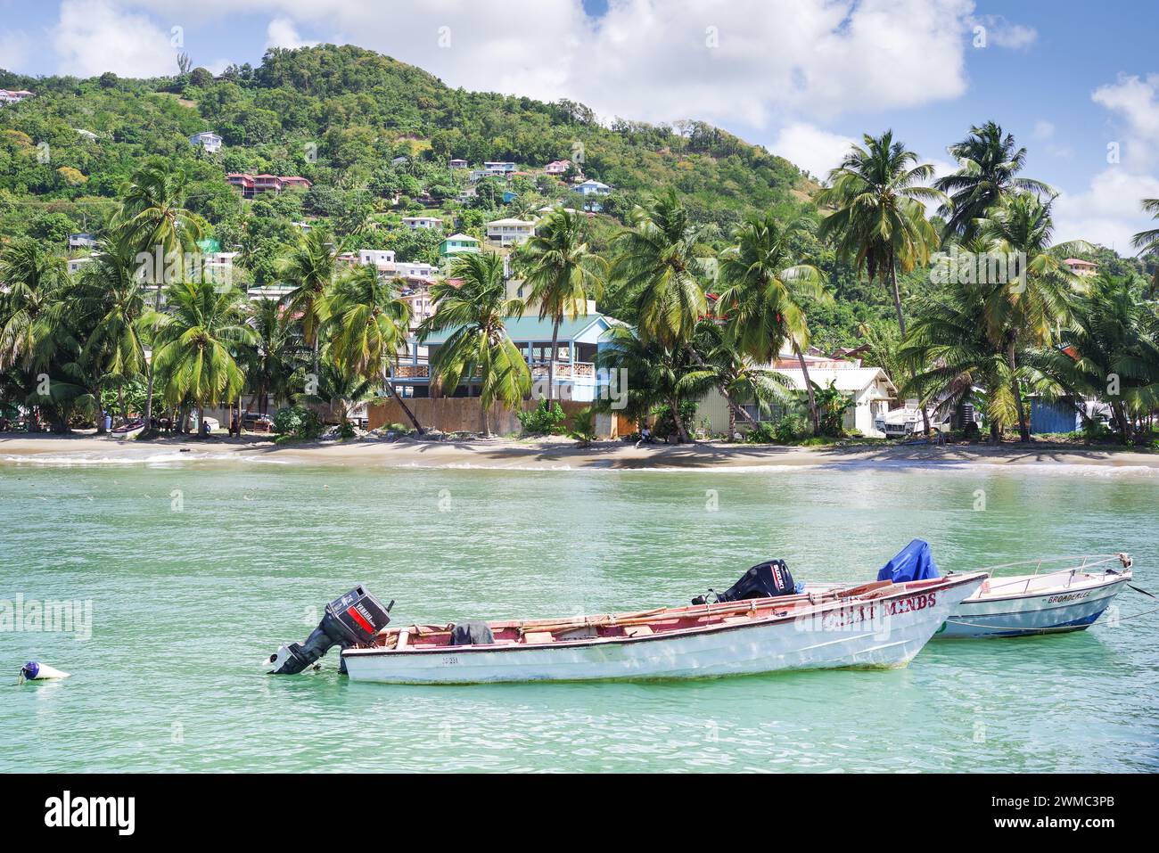 Bateaux de pêche amarrés dans la petite ville de Laborie sur la côte sud-ouest de Sainte-Lucie, Antilles Banque D'Images