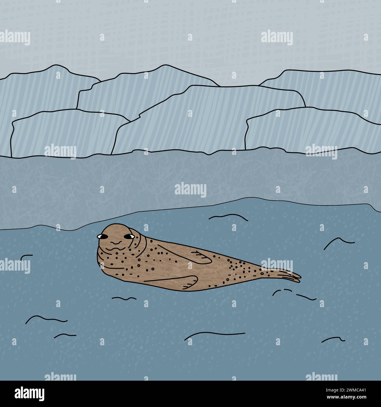 Phoque léopard. Illustration de dessin animé dessinée à la main de vecteur d'animal arctique en Antarctique. Illustration texturée polaire avec fond Illustration de Vecteur