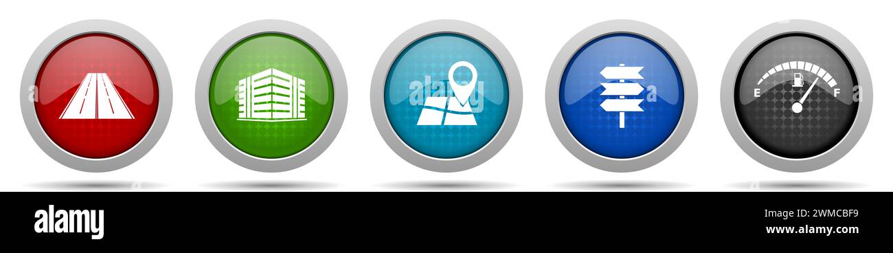 Icônes de voyage, boutons divers tels que la route, le bâtiment, la navigation, les panneaux indicateurs et la jauge de carburant, collection d'icônes Web cercles brillants Banque D'Images