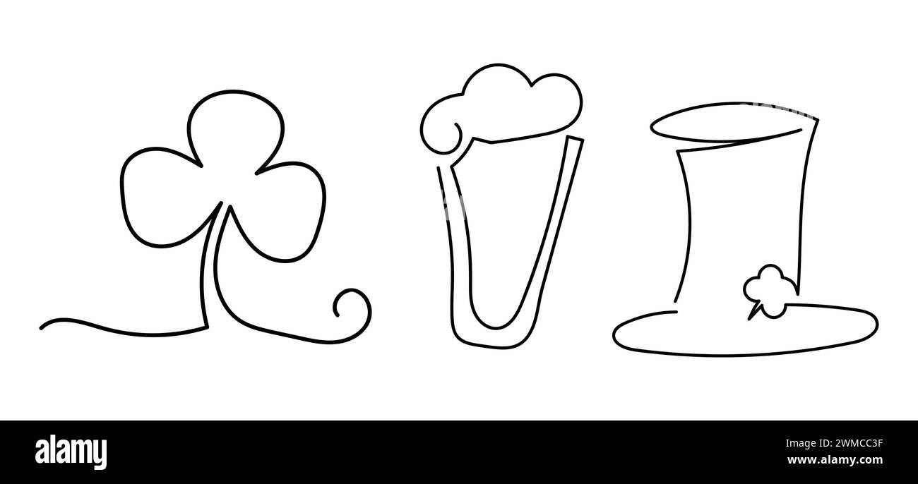 Ensemble d'art au trait dessiné à la main pour la Saint Patrick. Chapeau, trèfle, élément de conception de vecteur de verre de bière. Illustration de Vecteur