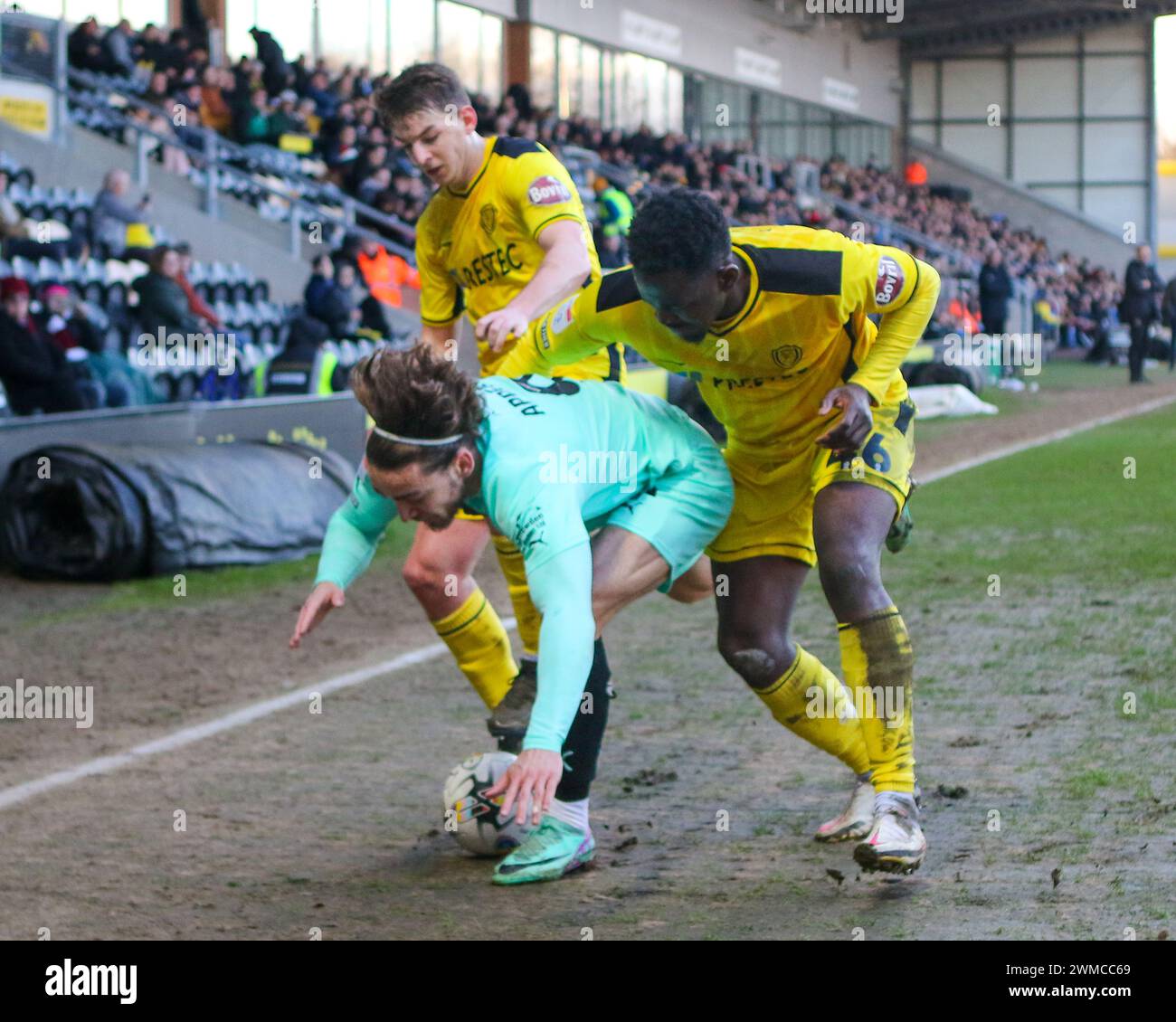 Burton upon Trent, Royaume-Uni, 24, février, 2024 : Louis Appéré de Northampton Town est contesté par Steve Seddon et Aristote Nsiala de Burton Albion alors qu'il tente de tenir le ballon dans le drapeau du coin dans l'EFL League One Burton Albion v Northampton Town Credit : Clive Stapleton/Alamy Live News Banque D'Images