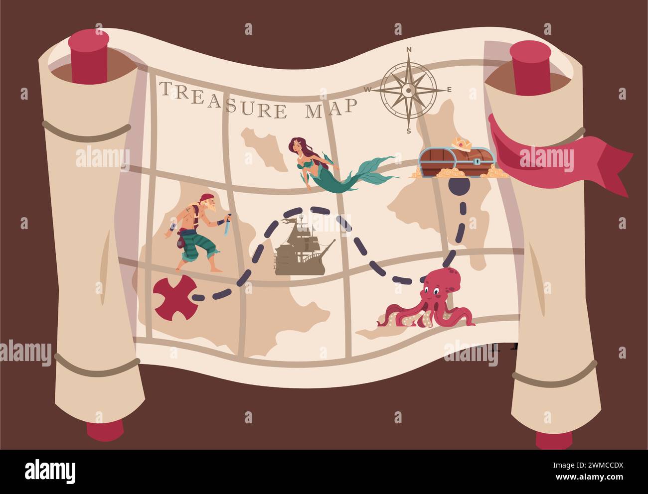 Carte des pirates. Parchemin de navigation maritime pour coffret au trésor de filibusters. Papier cartographique ancien. Corsair et voilier. Aventure marine. Sirène océanique et poulpe kraken. Illustration de piratage vectoriel Illustration de Vecteur