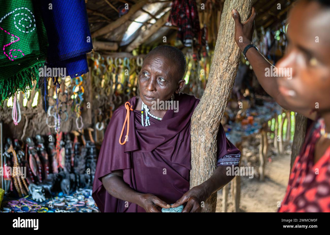 Une femme Massaï dans sa cabane où elle vend des souvenirs aux touristes étrangers à Mikumi, en Tanzanie Banque D'Images