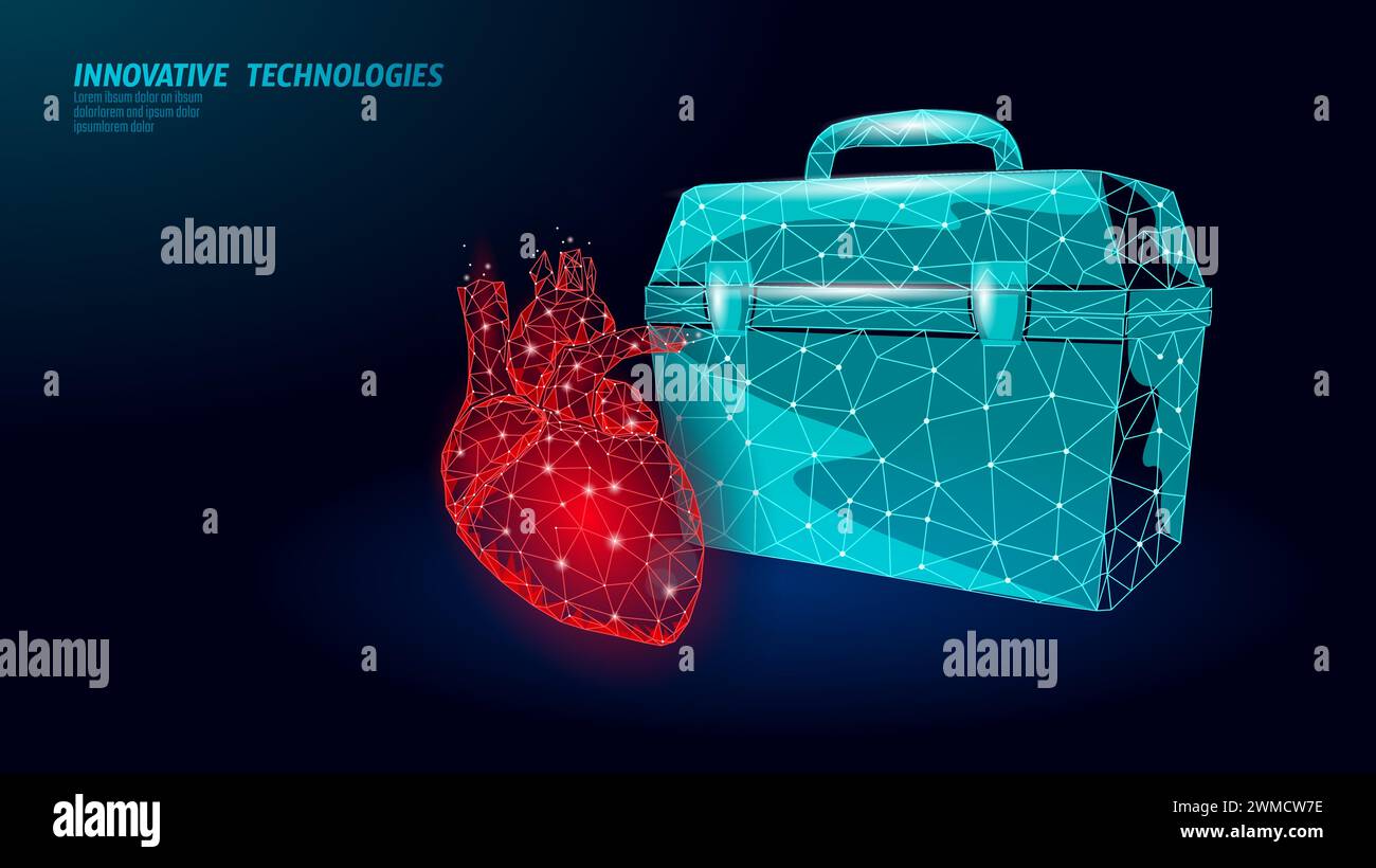 Cas de transplantation cardiaque humaine en 3D. Organe d'anatomie poly-coeur rouge bas. Illustration vectorielle de don d'aide au patient de médecine de donneur polygonal. Illustration de Vecteur