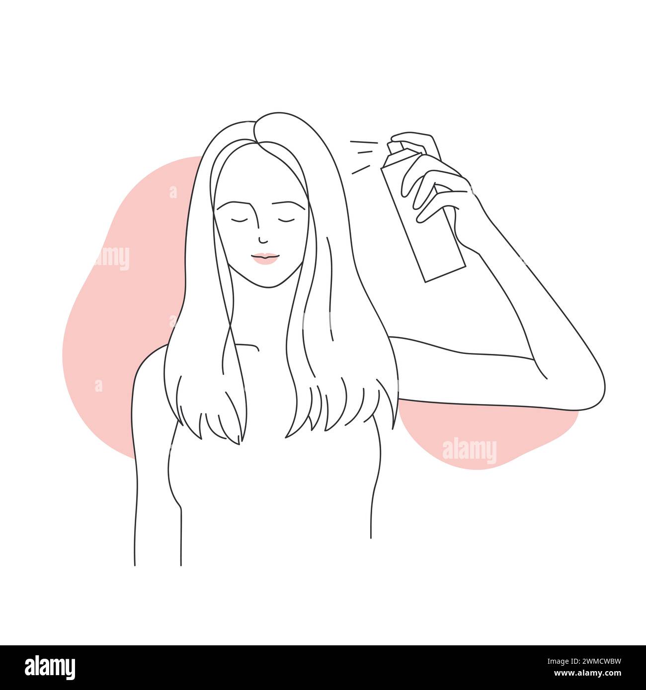 Femme utilisant la laque capillaire. Spray de fixation de coiffure, illustration vectorielle de ligne de routine de lavage de cheveux Illustration de Vecteur