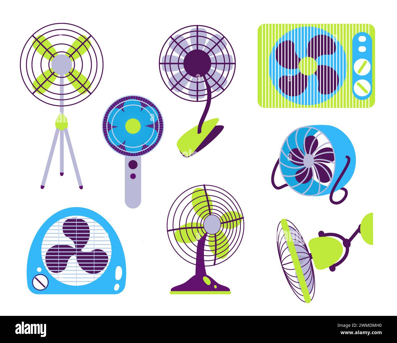 Ventilateurs électriques. EQUIPEMENT de climatisation à circulation d'air. Différents types d'appareils de refroidissement pour la maison, le bureau ou le magasin Illustration de Vecteur