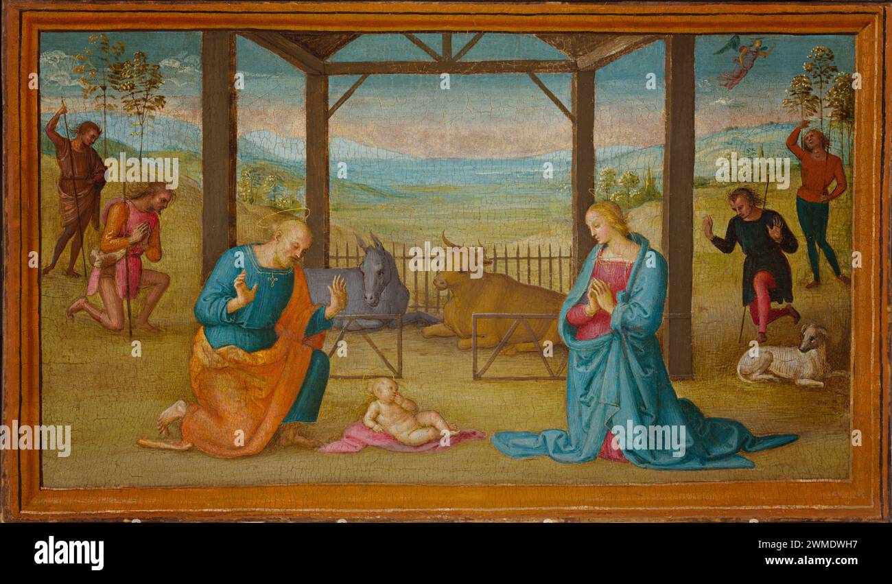 Pérugino (Pietro di Cristoforo Vannucci), la Nativité, 1500/05 - Une scène pastorale sereine de l'Ombrie symbolisant la révélation divine et la naissance sainte, avec des figures en adoration autour du Christ nouveau-né Banque D'Images