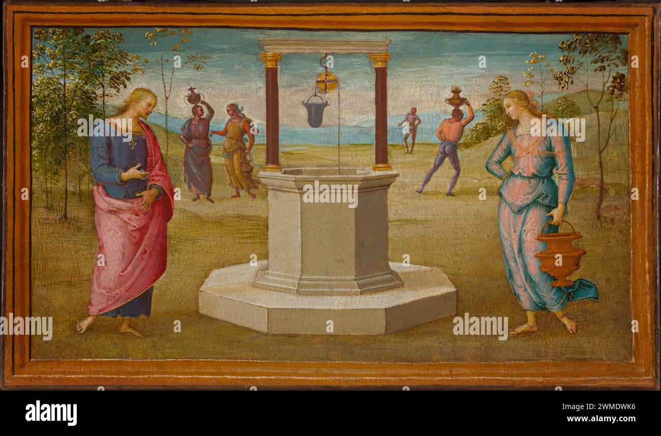 Pérugin (Pietro di Cristoforo Vannucci), 'Christ et la femme de Samarie', 1500-1505, un récit serein de la révélation du Christ représentée dans le paysage tranquille de l'Ombrie Banque D'Images