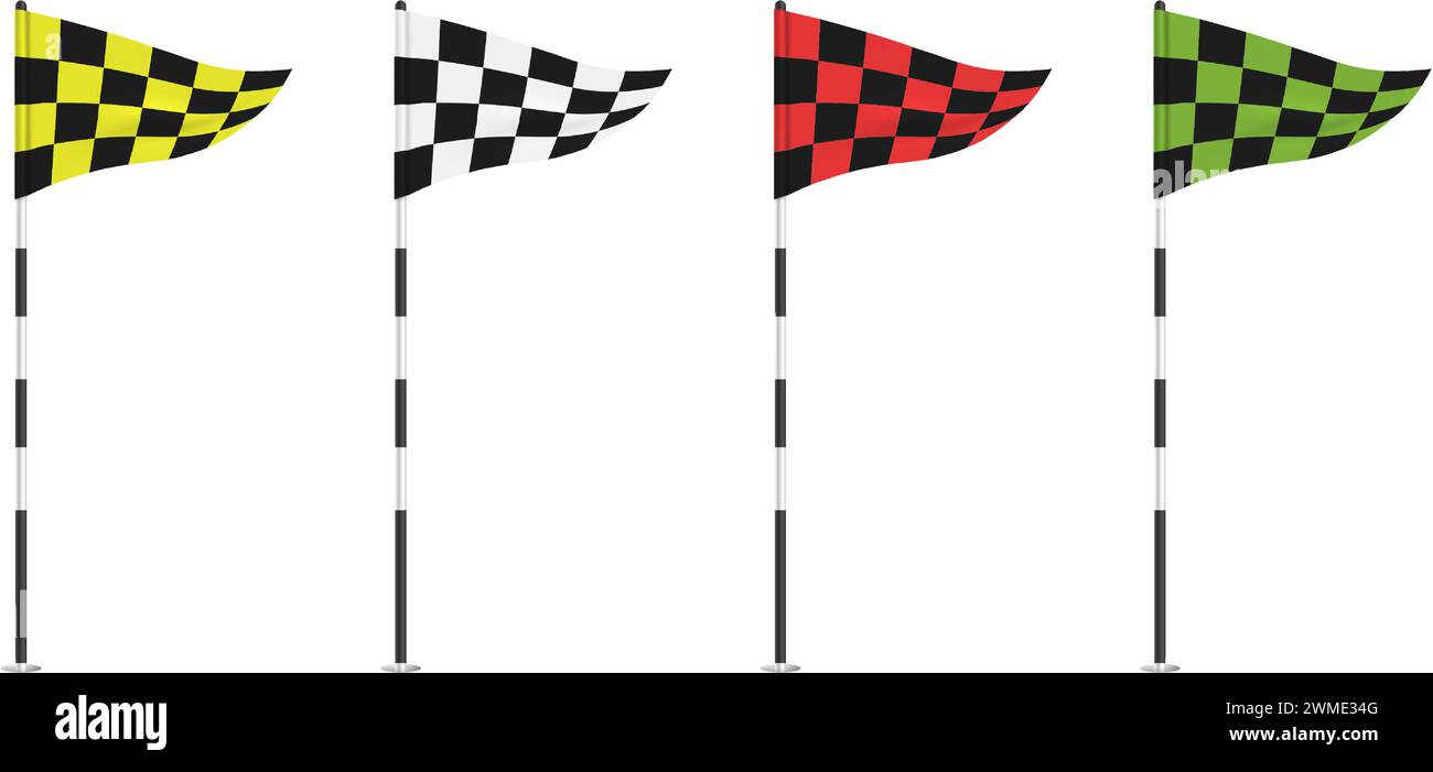 Triangle golf drapeau à damier ondulant sur un mât de drapeau, ensemble vectoriel coloré isolé sur un fond blanc. Illustration de Vecteur