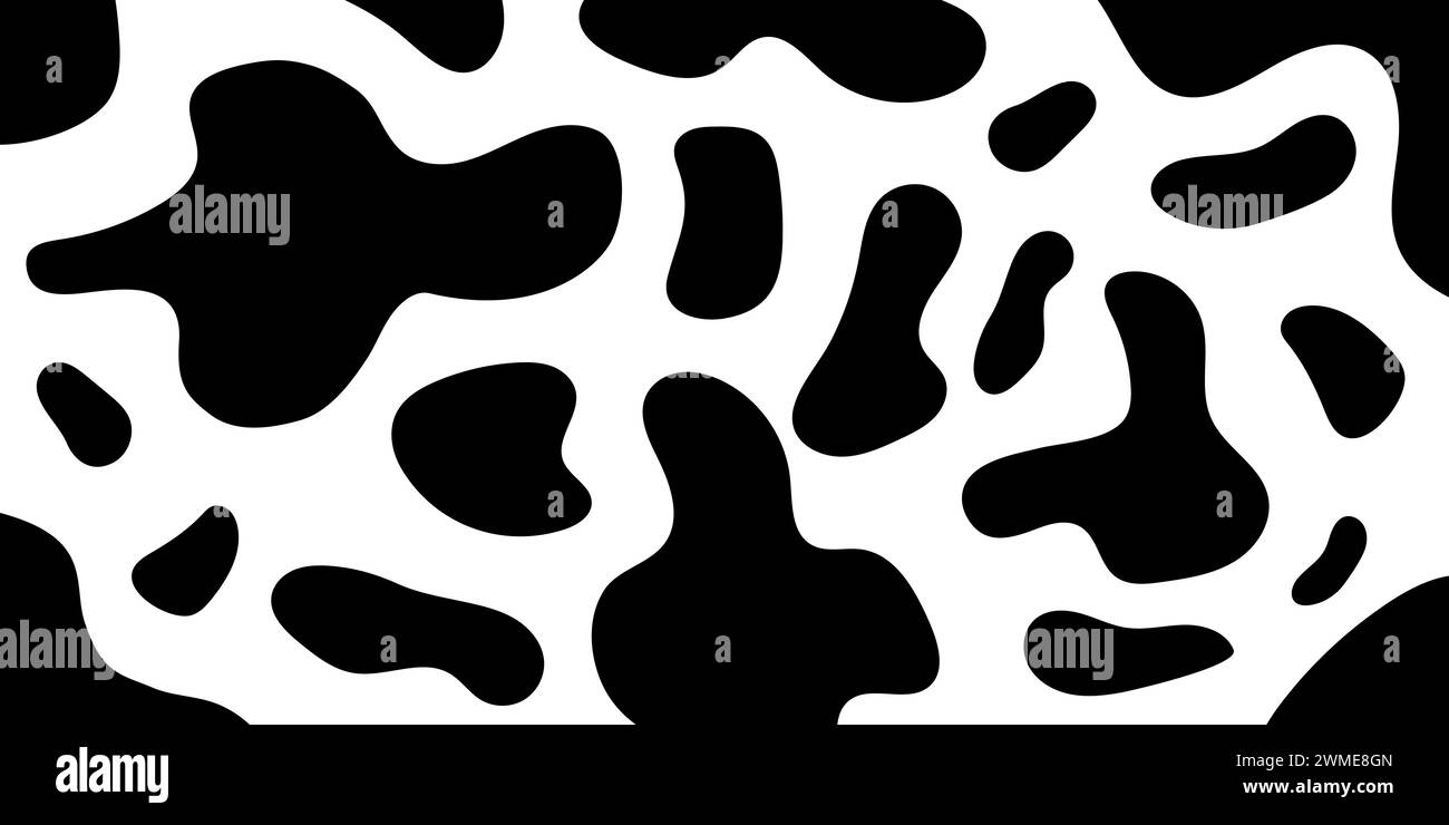 Motif de peau de vache. Arrière-plan abstrait de formes inégales. Dalmate, léopard, fourrure de girafe. Texture camouflage des taches noires. Modèle en cuir animal. Conception d'emballage de chocolat au lait. Illustration vectorielle plate. Illustration de Vecteur